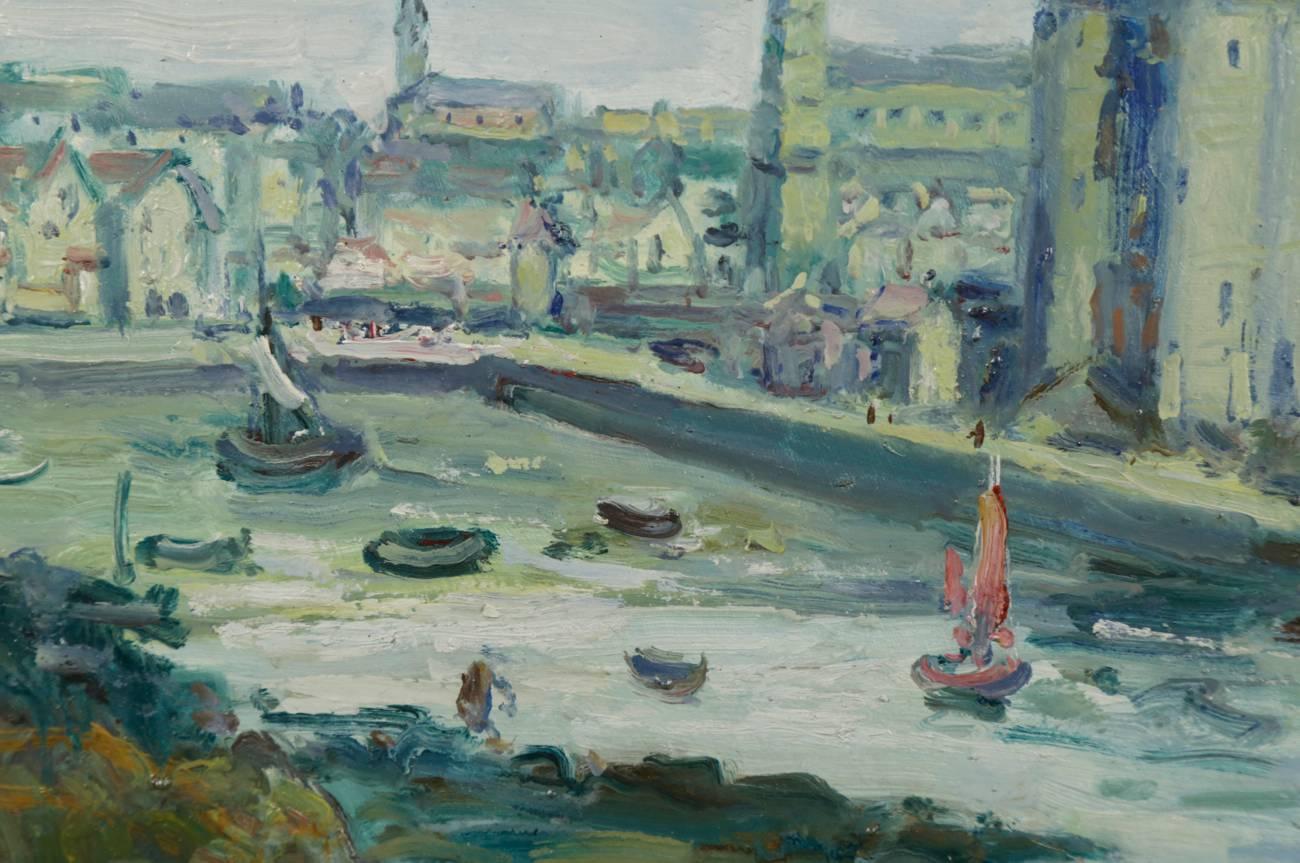Le Port de St.Servan - Gray Landscape Painting by Gustave Madelain
