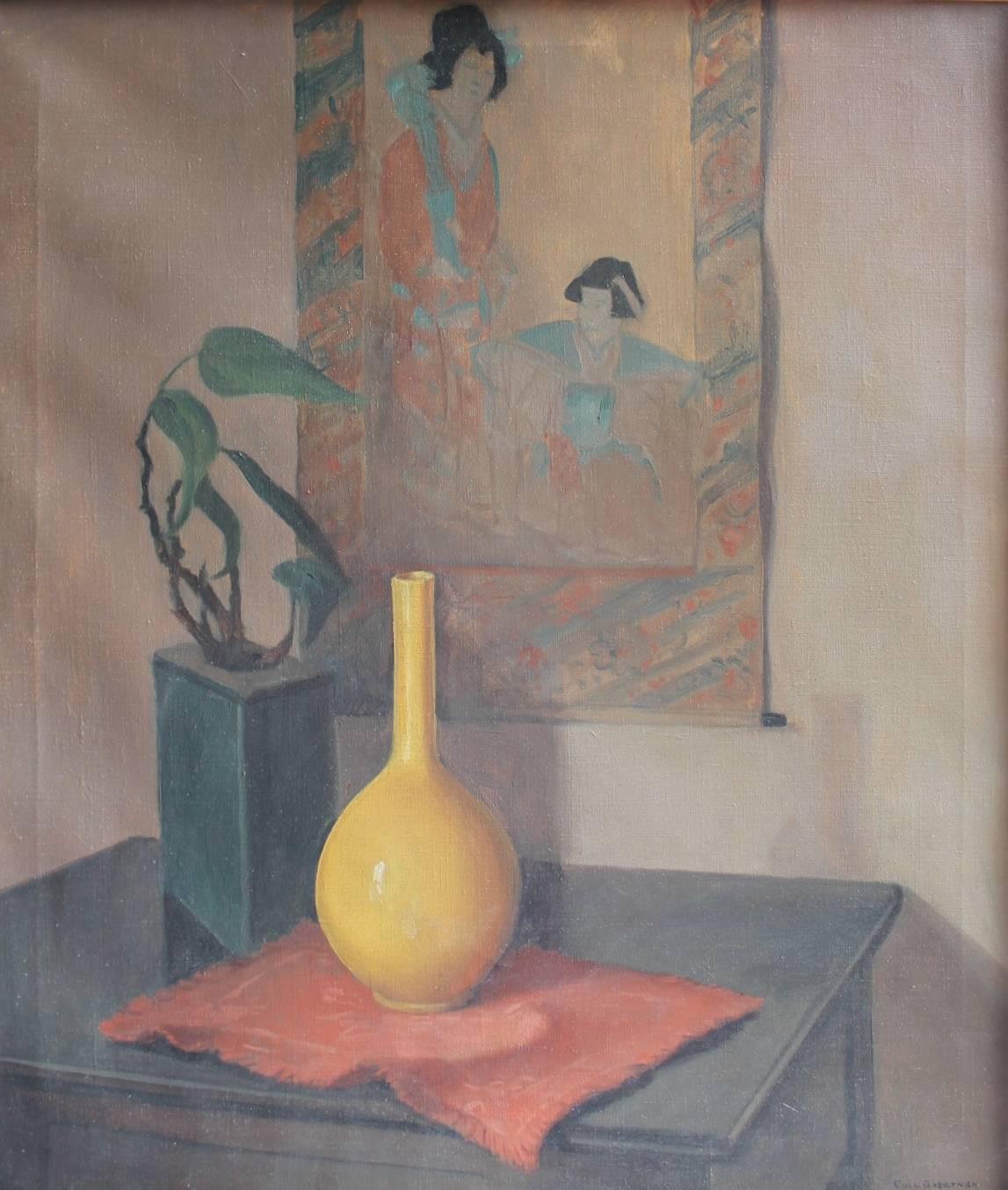 Carl Frederick Gaertner Still-Life Painting - Still Life with Yellow Vase and Japanese Painting