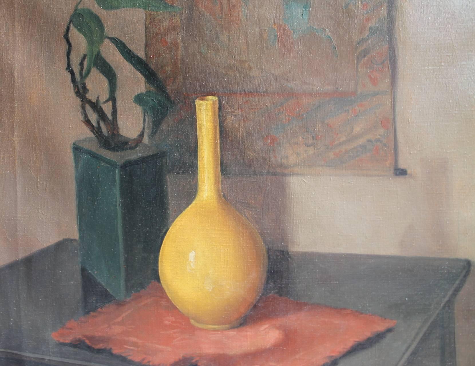 Still Life with Yellow Vase and Japanese Painting For Sale 2