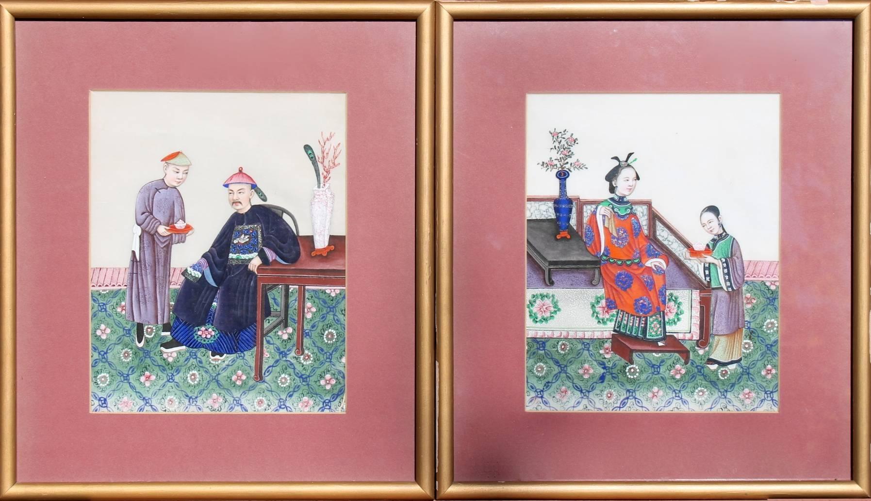Two Chinese Watercolor Paintings on Pith Paper - Gray Figurative Painting by Unknown