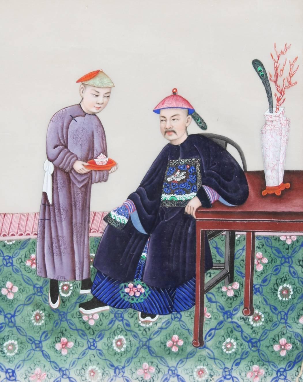 A male attendant serving tea to a noble , seated beside a table with a vase issuing a peacock feather and a branch of coral, together with a depiction of a female attendant serving tea to a noble woman, seated on beside a low table with a blue