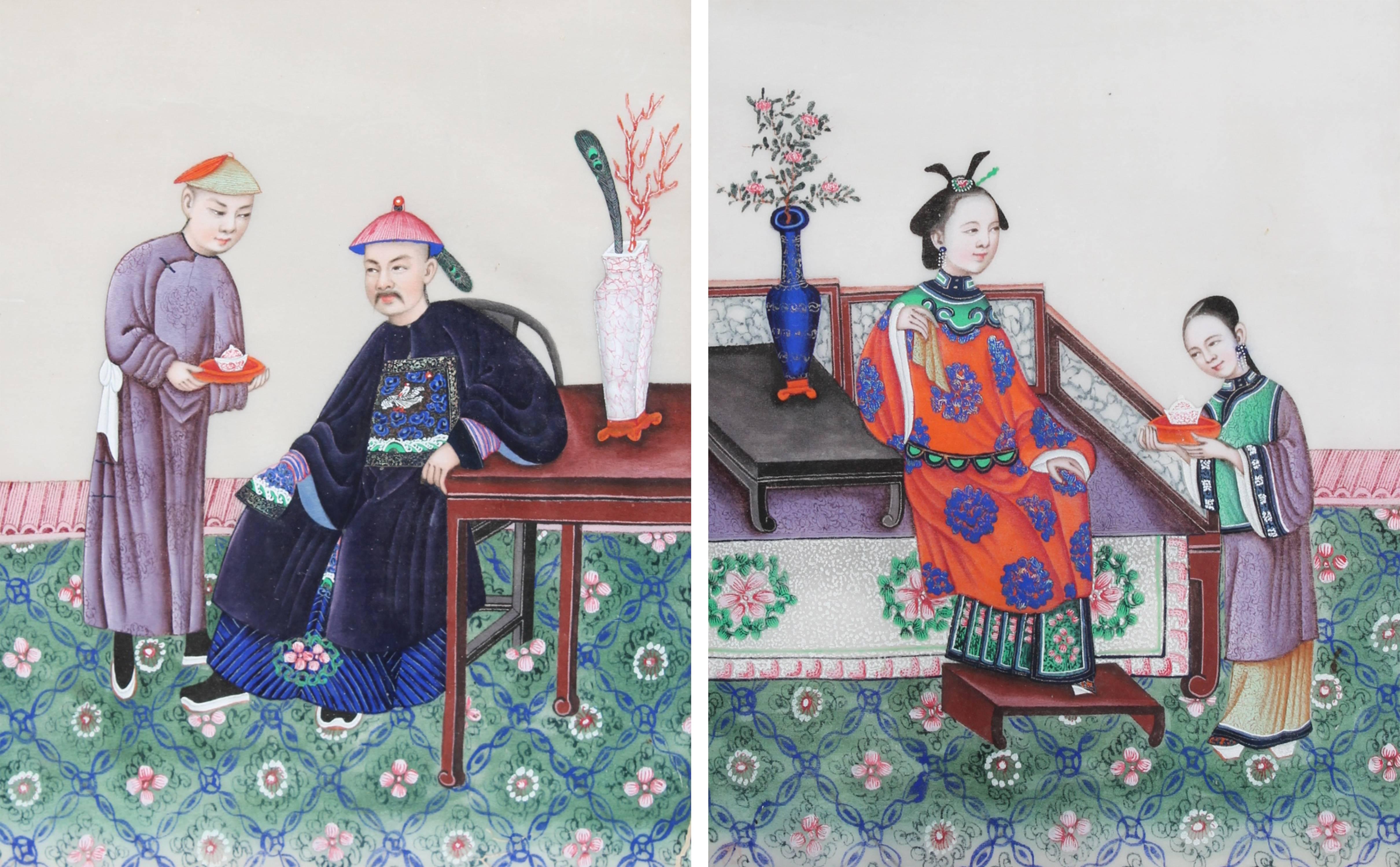 Unknown Figurative Painting - Two Chinese Watercolor Paintings on Pith Paper