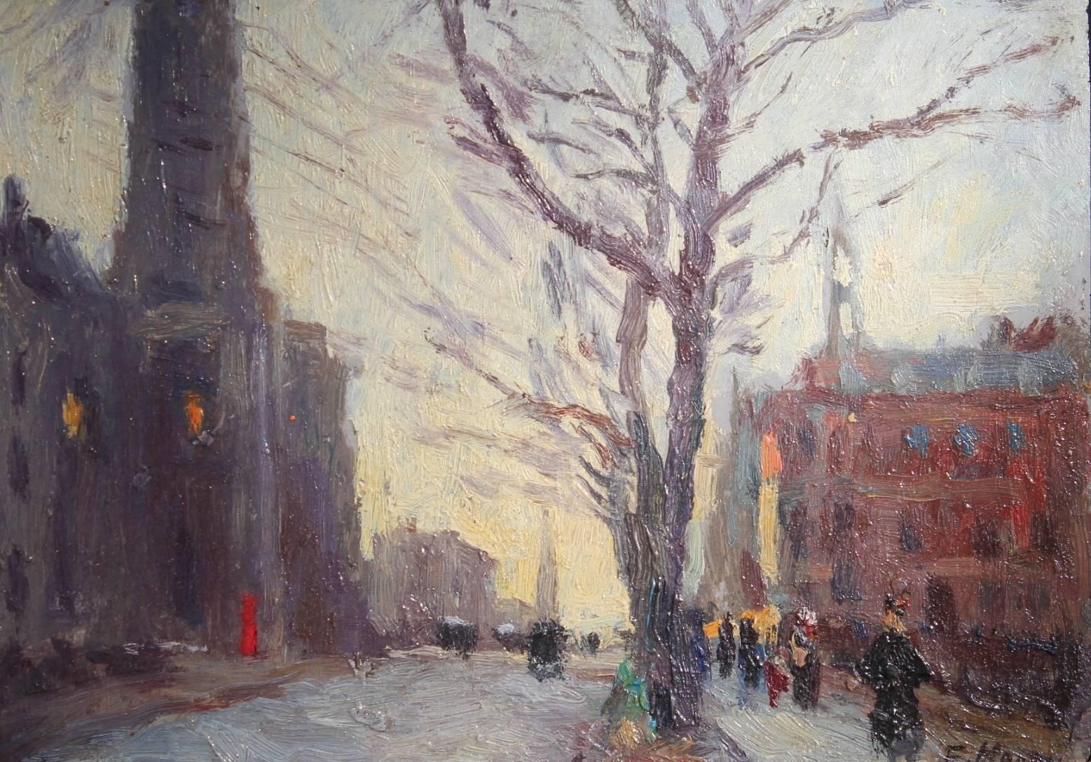 Unknown Figurative Painting - Street Scene at Evening