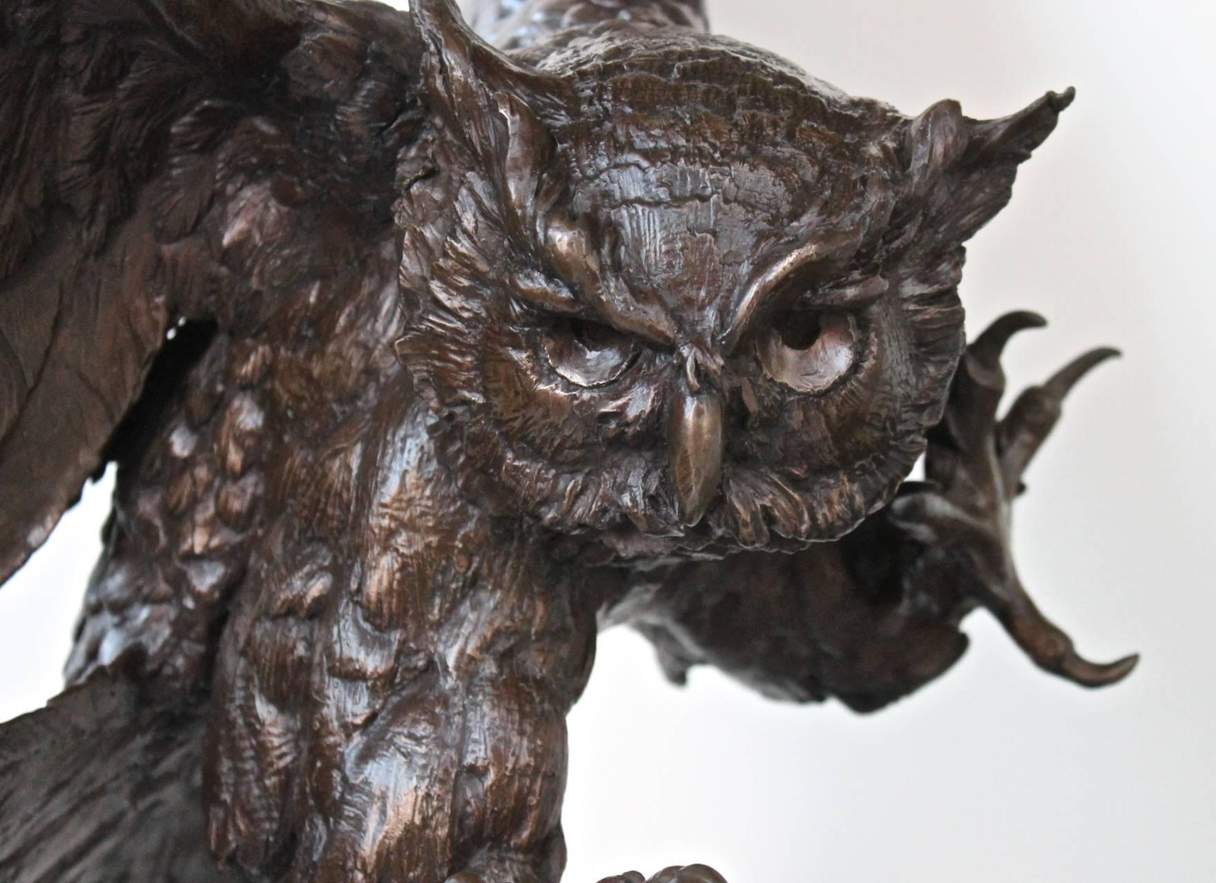 Great Horned Owl - Gold Figurative Sculpture by Jules Moigniez