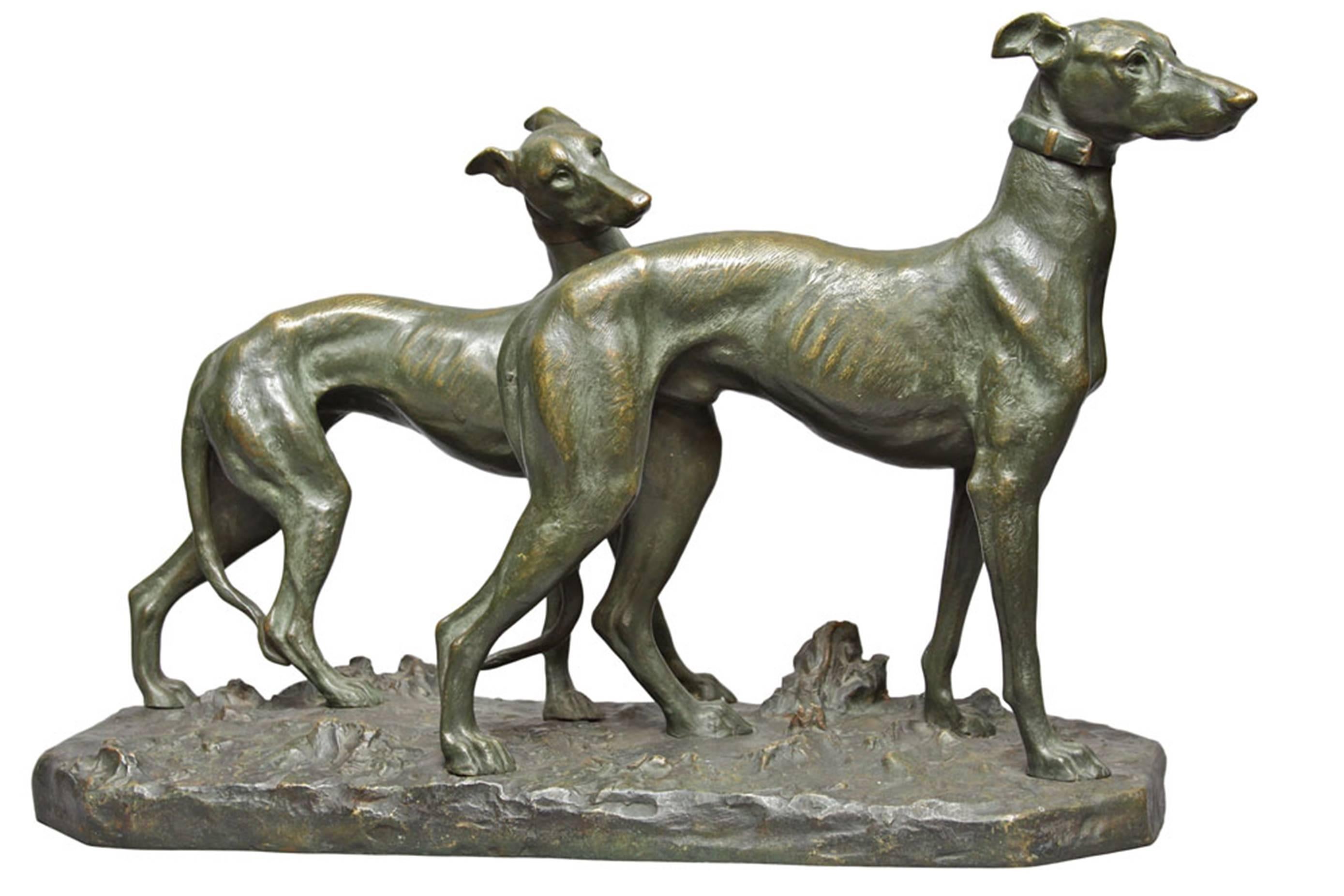 Giacomo Merculiano Figurative Sculpture - Two Whippets