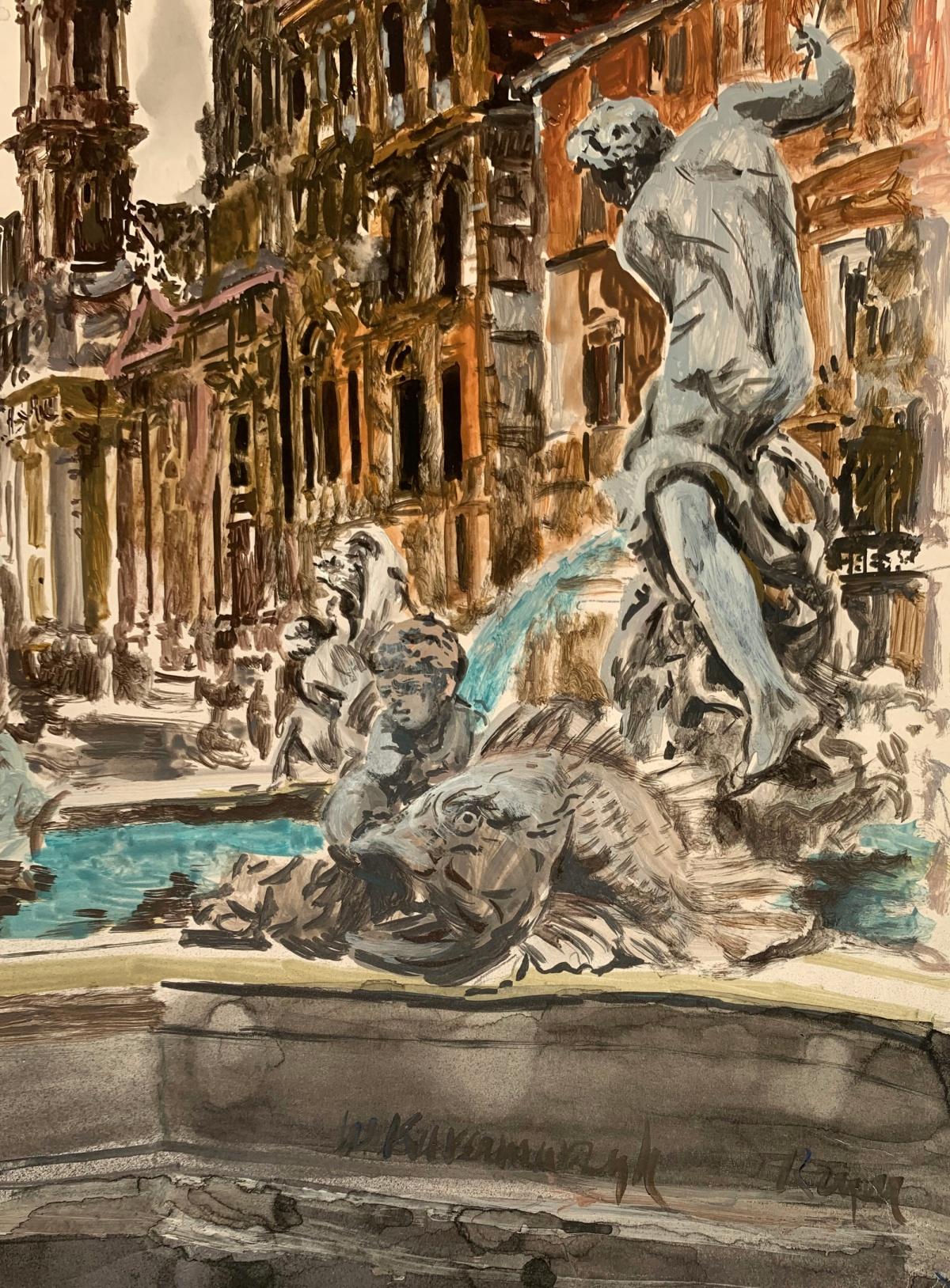 Pintura acrílica contemporánea sobre papel del artista polaco Wlodzimierz Karczmarzyk. Obra de arte que representa la arquitectura de la Plaza Navona en Roma, Italia. El estilo de las ilustraciones es abocetado pero realista al mismo