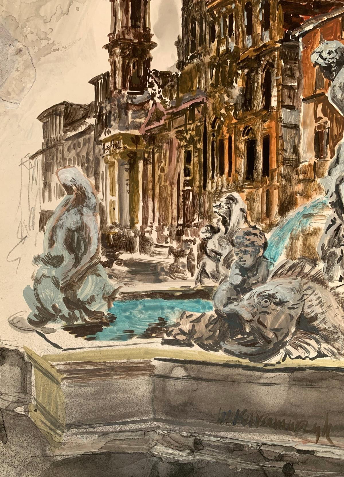 Roma, plaza Navona. Acrílico sobre papel, Arquitectura, Clásico, Artista polaco en venta 2