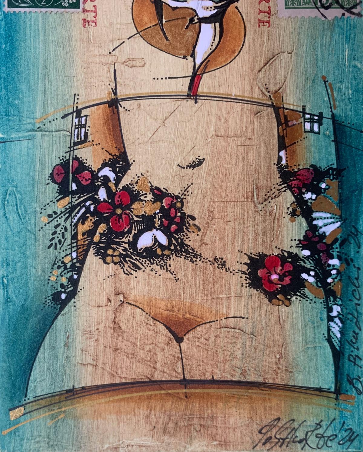 21th century colorful print with by Ukrainian artist Bogdan Pikulicki. Artwork depicts a female nude with abstract elements and birds. There is a post stamp as a part of the composition. 

BOGDAN PIKULICKI  (born in 1948)
He is a graduate of the