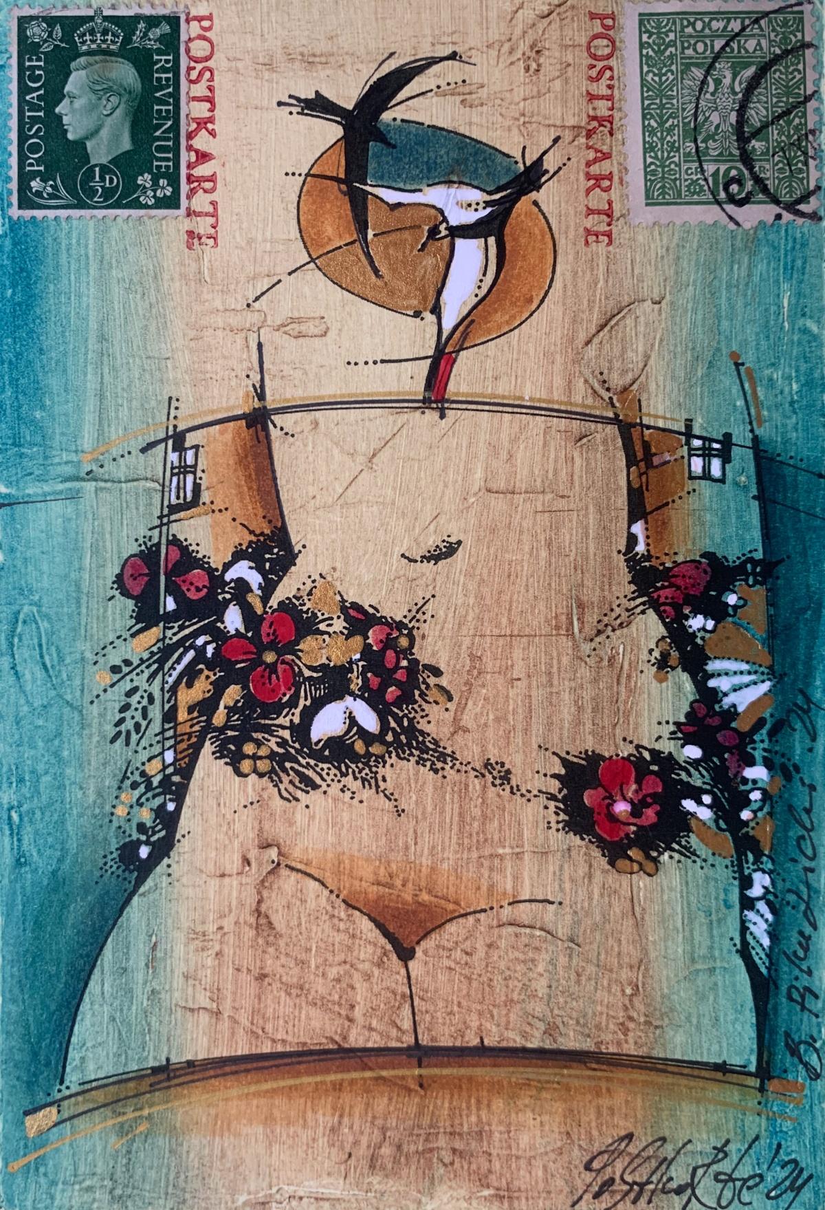 A nude. Contemporary print, Colorful, Embossed, Post stamp, European artist - Gray Figurative Print by Bogdan Pikulicki