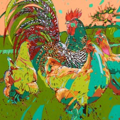 Rooster and hens. Figurative Expressive Oil Painting, Colorful, Animals, Polish