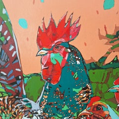 Rooster and hens. Figurative Expressive Oil Painting, Colorful, Animals, Polish