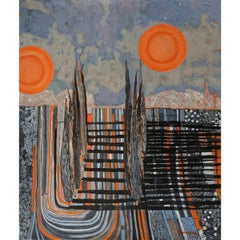Un bagliore arancione al tramonto. Pittura acrilica contemporanea, Paesaggio, Veduta urbana