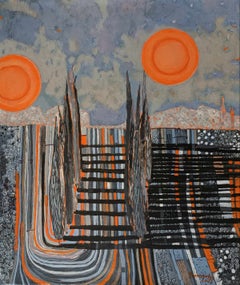 Un bagliore arancione al tramonto. Pittura acrilica contemporanea, Paesaggio, Veduta urbana
