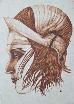 A girl in brown - Figurative Gouache Painting, Portrait, Textured