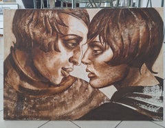 A couple in brown - Figurative Gouache Painting, Couple, Textured