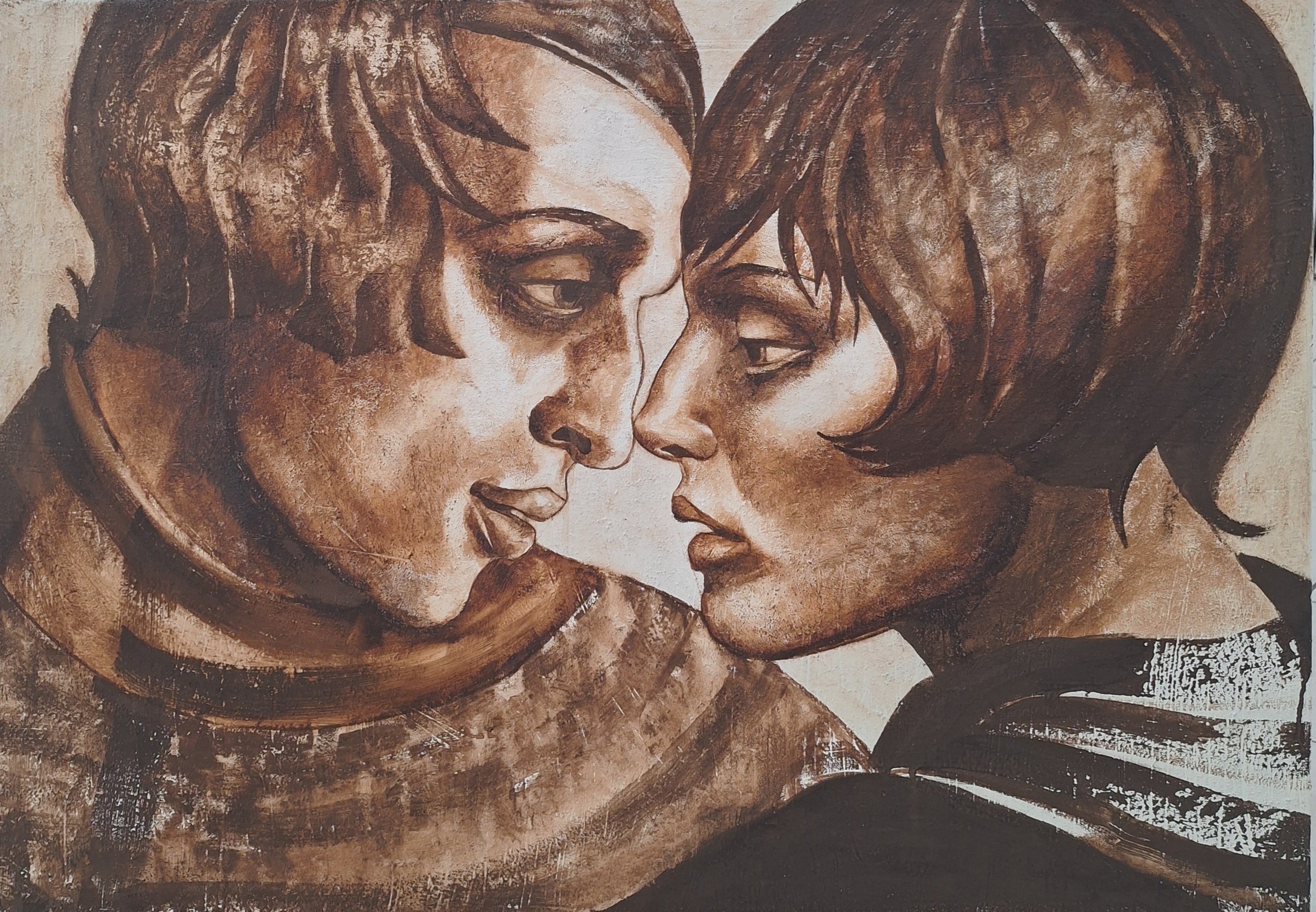 Agata Stomma Figurative Painting - A couple in brown - Figurative Gouache Painting, Couple, Textured