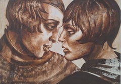 A couple in brown - Figurative Gouache Painting, Couple, Textured