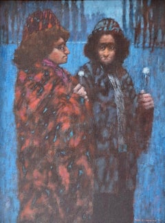 Löwenzahn – Figuratives Ölgemälde, Blau und Rot
