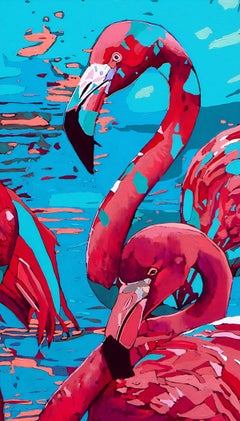 Rafał Gadowski, Flamingos 34, Modern Animal Colorful Oil Painting on Canvas