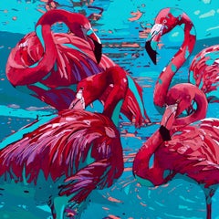 Rafał Gadowski, Flamingos 34, Modern Animal Colorful Oil Painting on Canvas
