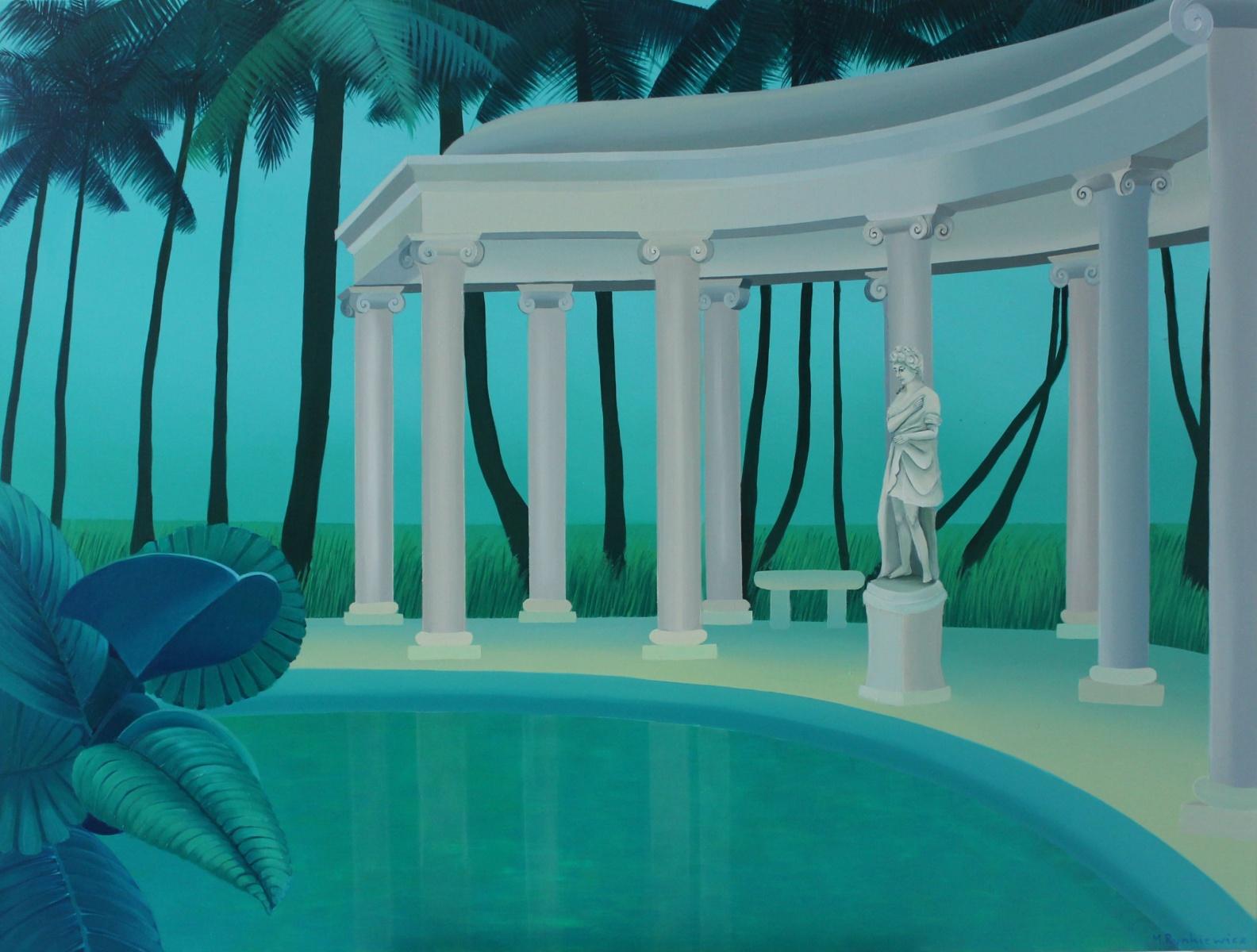 Colonnade in a palm forest - Figurative landscape acrylic painting, Green & blue - Surrealist Painting by Marta Rynkiewicz