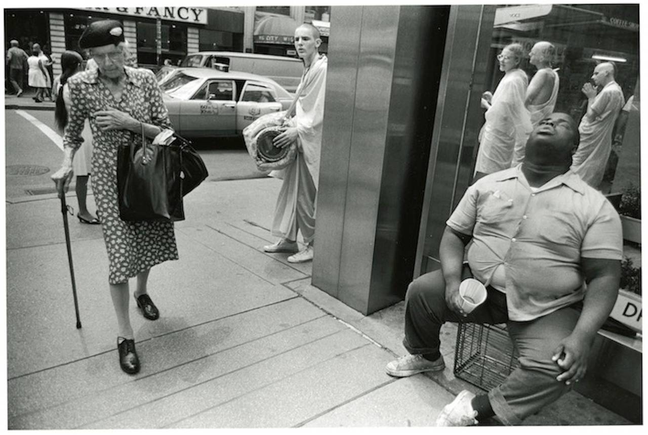 Paul McDonough Black and White Photograph - Blind Man, Old Woman, Hari Krishnas, NYC