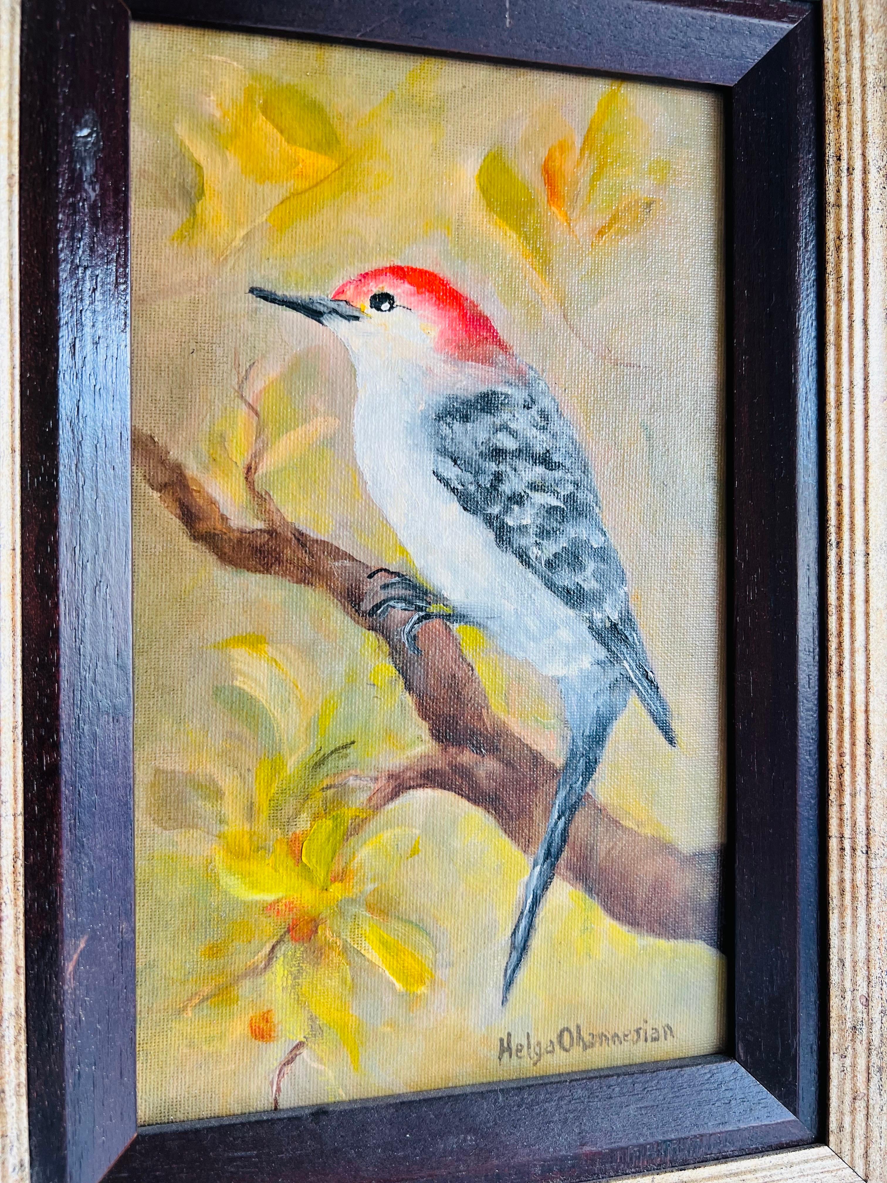 Knock on Wood. The orange bird.  - Impressionist Painting by Helga Ohannesian