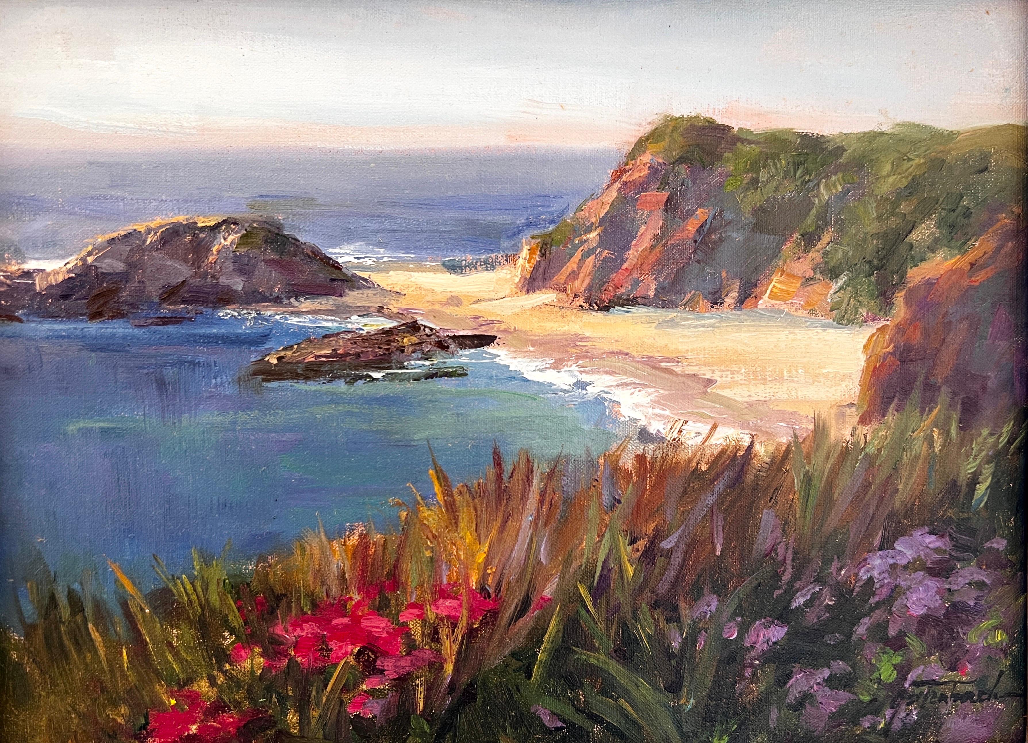 This exquisite painting captures the enchanting scenery of Montage, Laguna Beach, known to be one of the most inspiring locations for artists. The artwork, a testament to the late artist Lynn's talent, is a unique oil painting that evokes a sense of