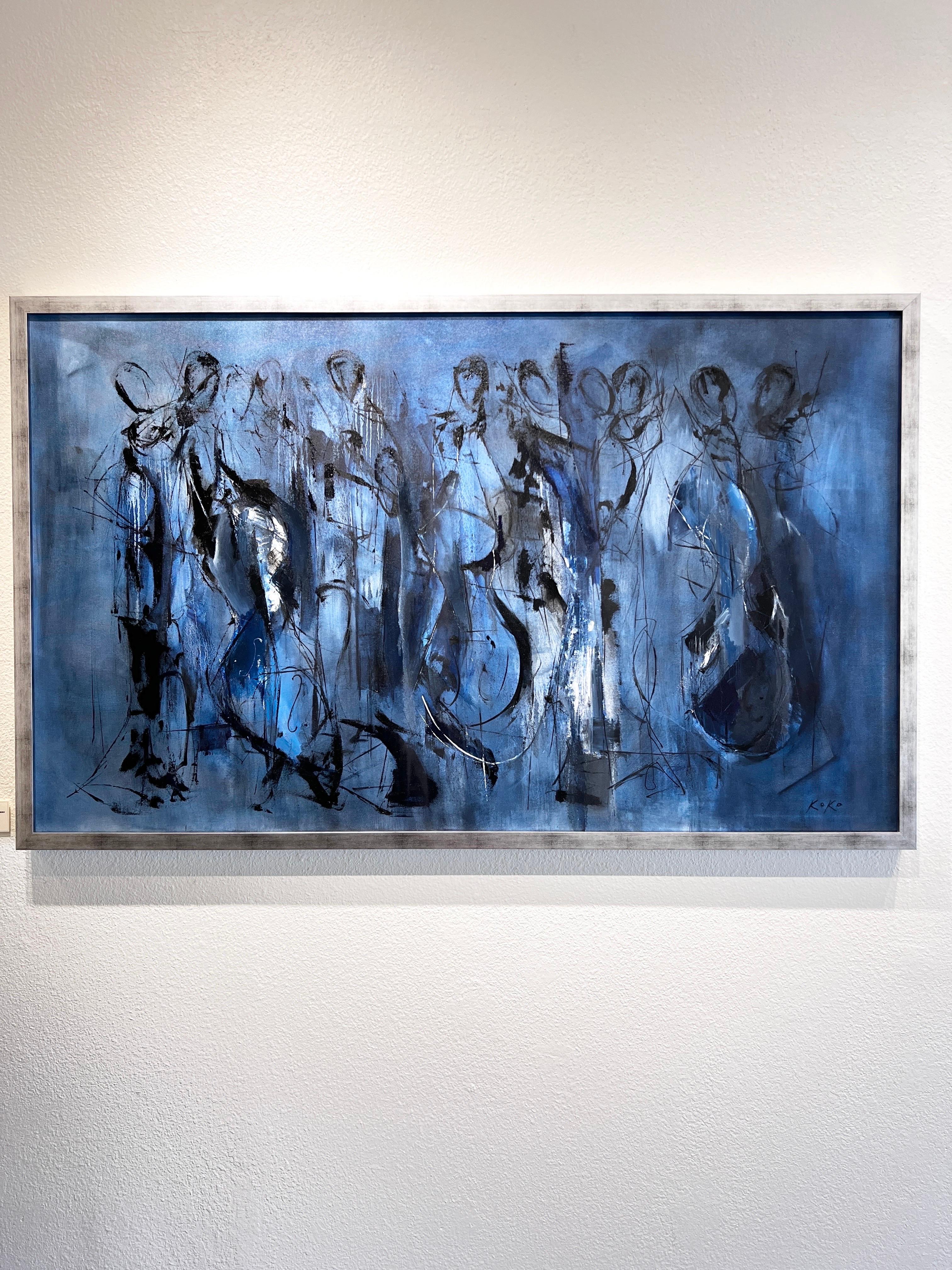 Abstract musicians oil painting, Musician Monochromatic Musicians, In Deep Blue. For Sale 1
