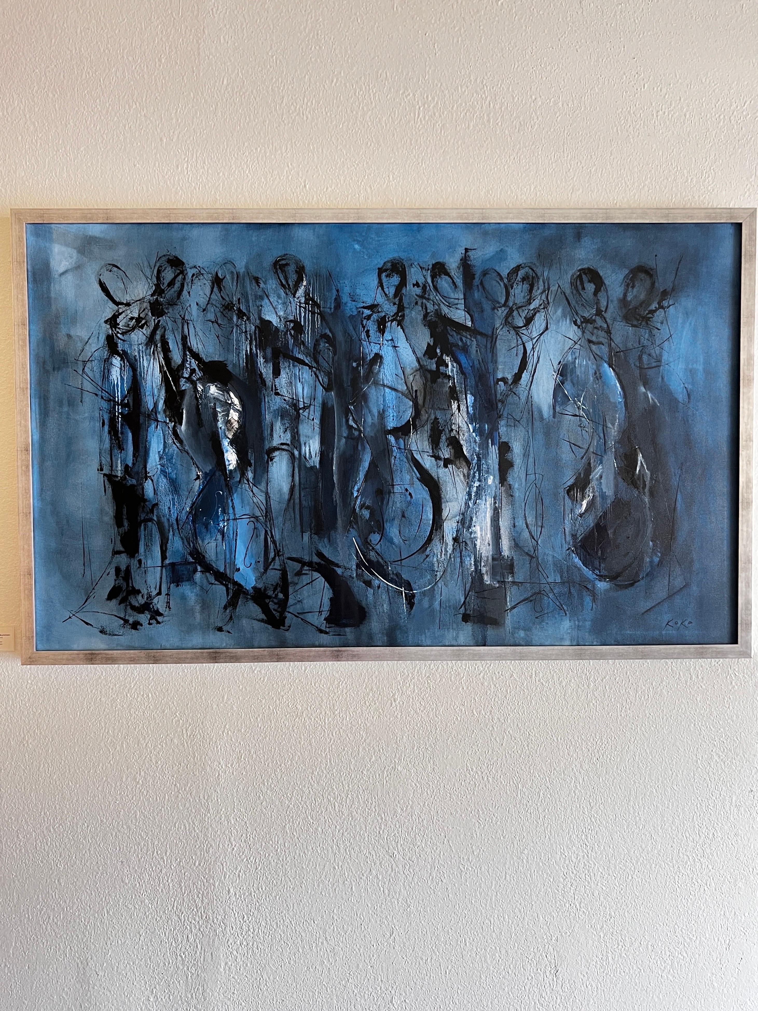 Abstract musicians oil painting, Musician Monochromatic Musicians, In Deep Blue. For Sale 2