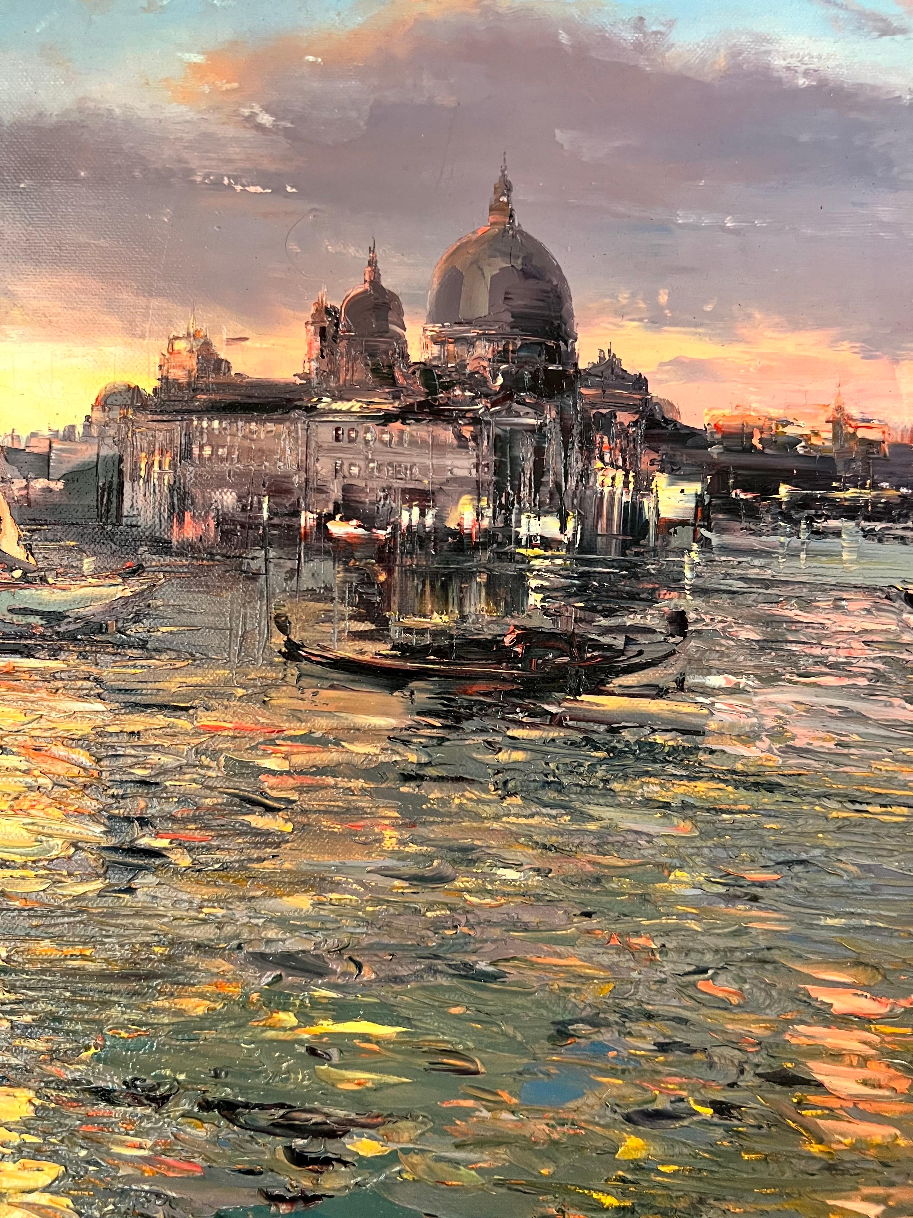 Sunset look at Venice, peinture à l'huile contemporaine de Venise. - Painting de Narek Arakelyan