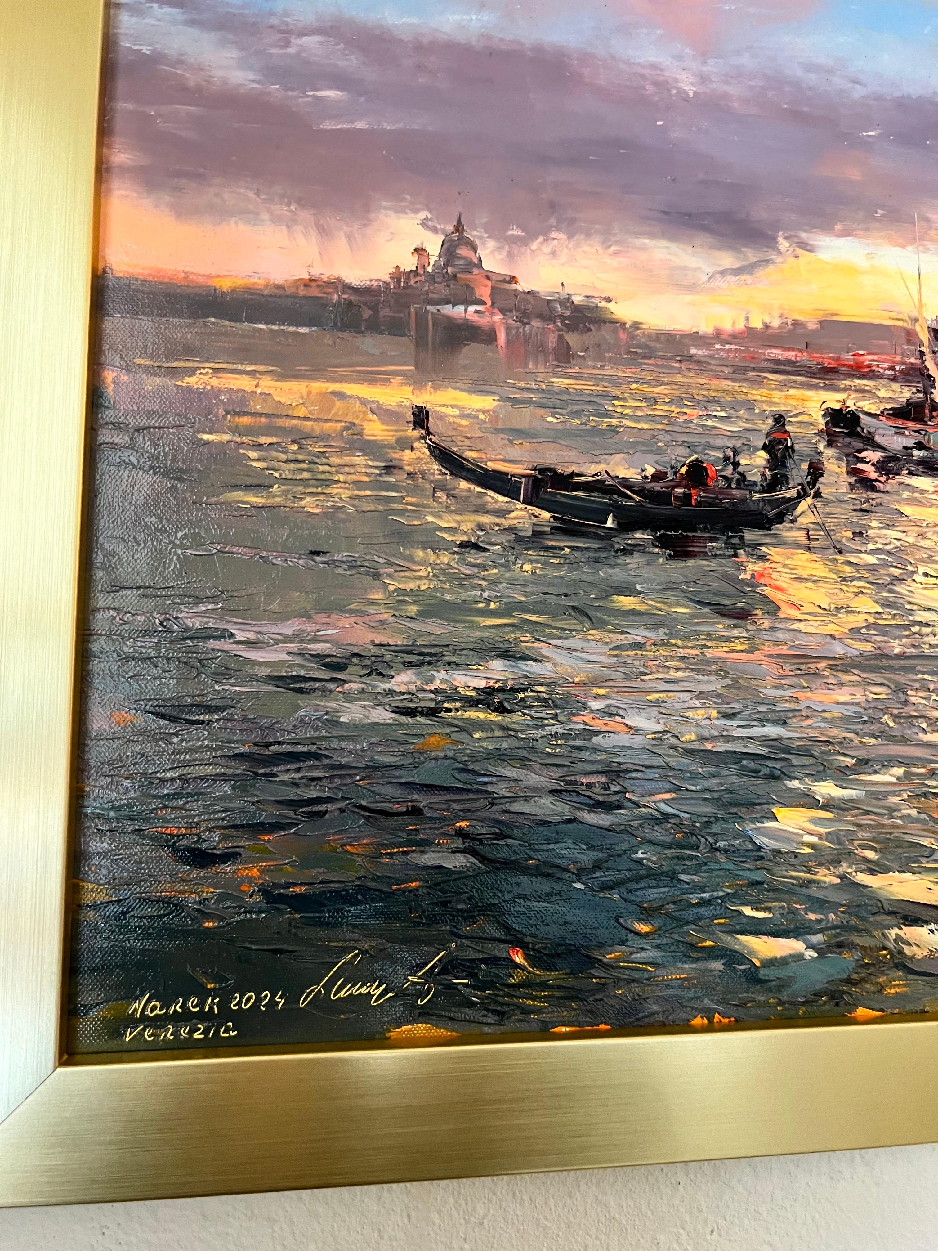 Sunset look at Venice, peinture à l'huile contemporaine de Venise. - Impressionnisme abstrait Painting par Narek Arakelyan