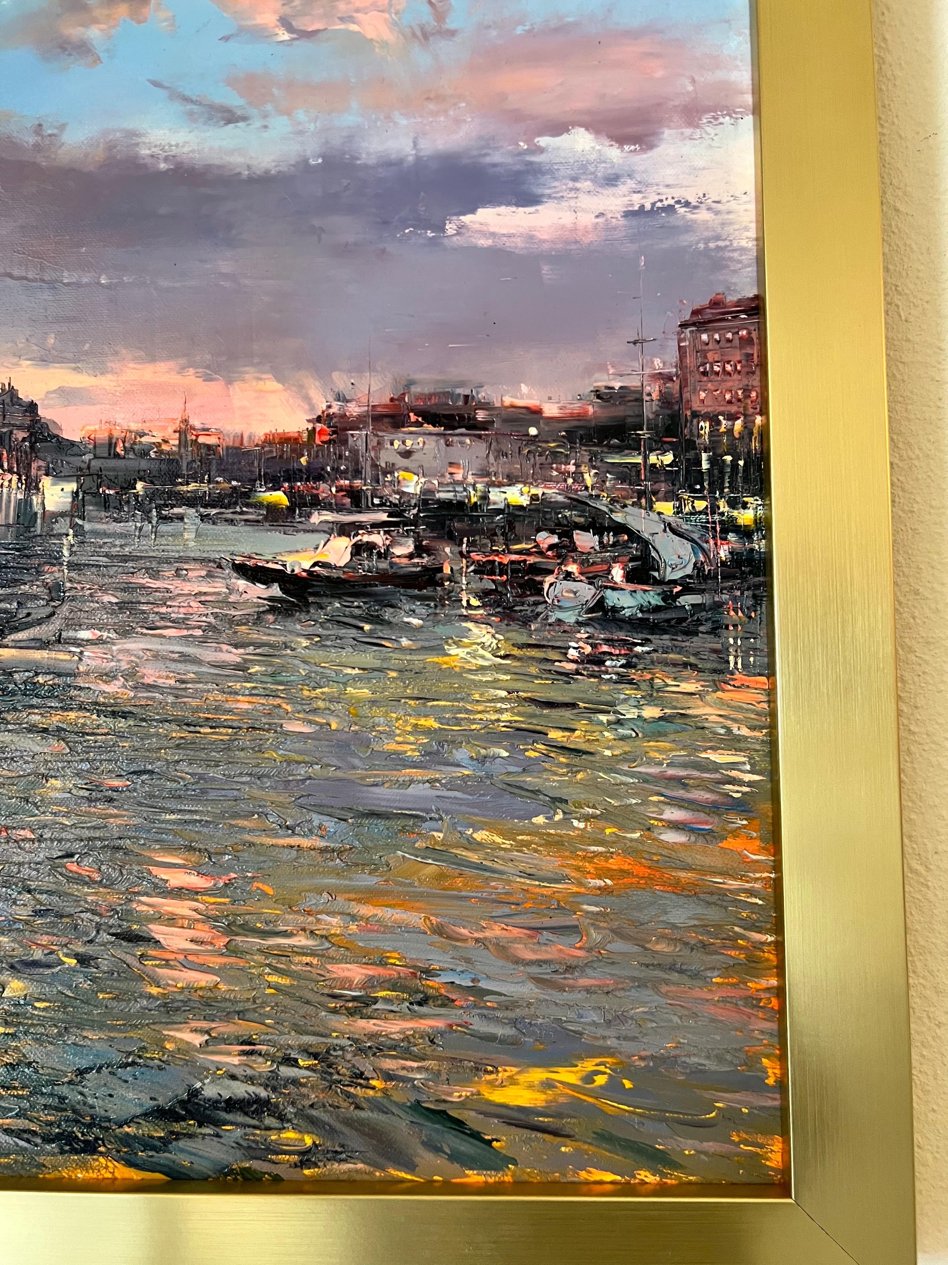Sunset look at Venice, peinture à l'huile contemporaine de Venise. - Marron Landscape Painting par Narek Arakelyan