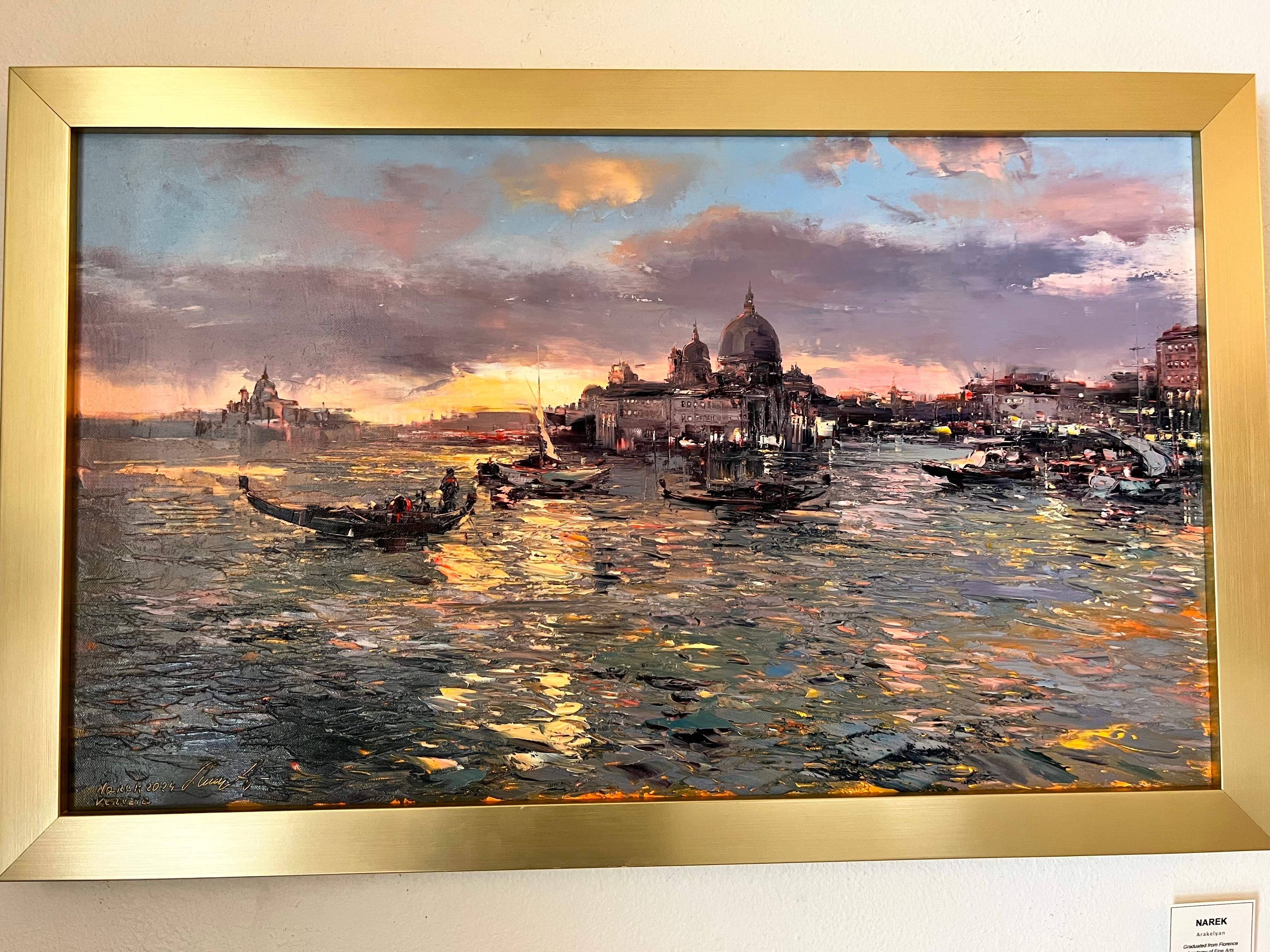 Sunset look at Venice, peinture à l'huile contemporaine de Venise. en vente 2