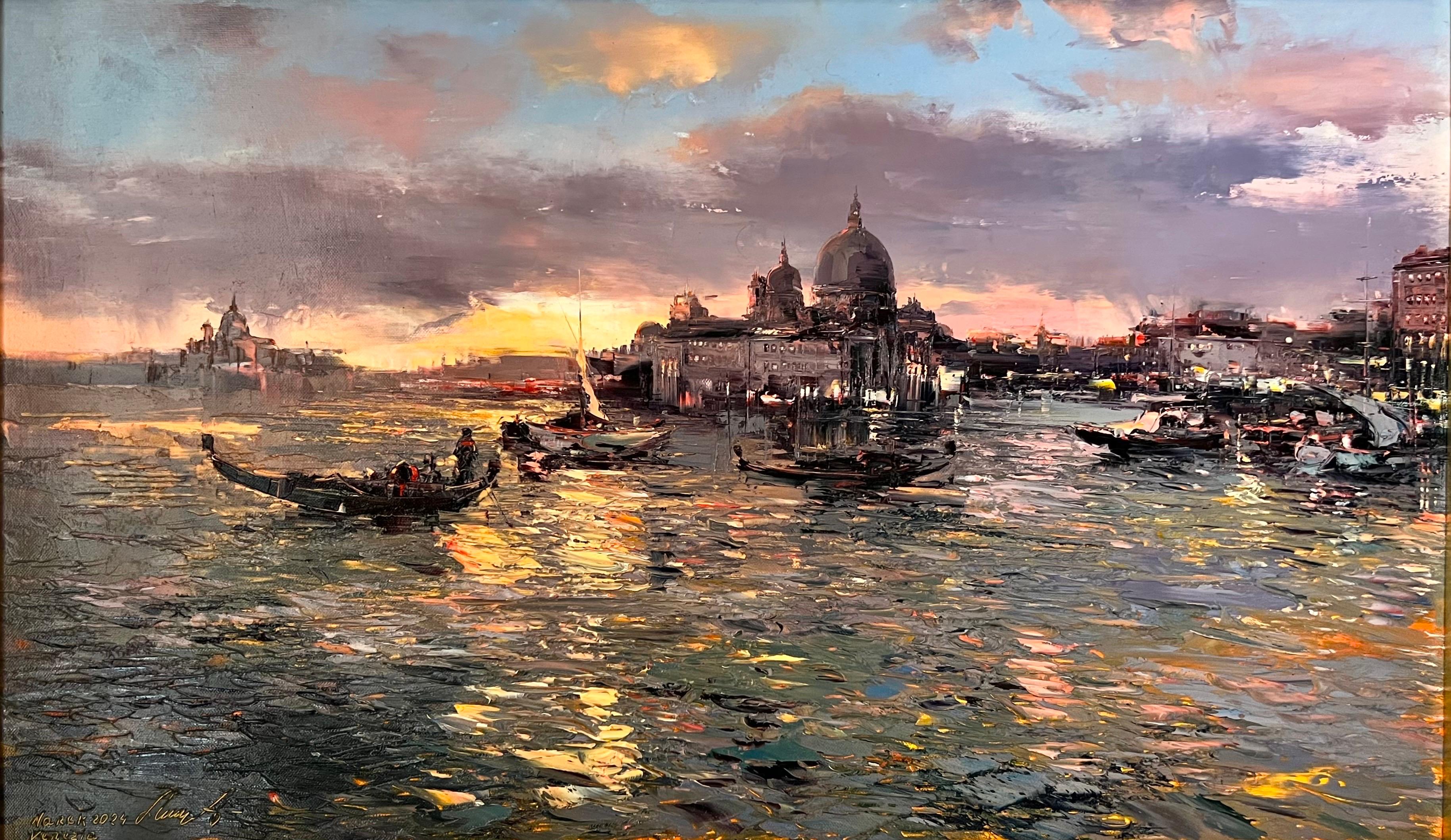 Landscape Painting Narek Arakelyan - Sunset look at Venice, peinture à l'huile contemporaine de Venise.