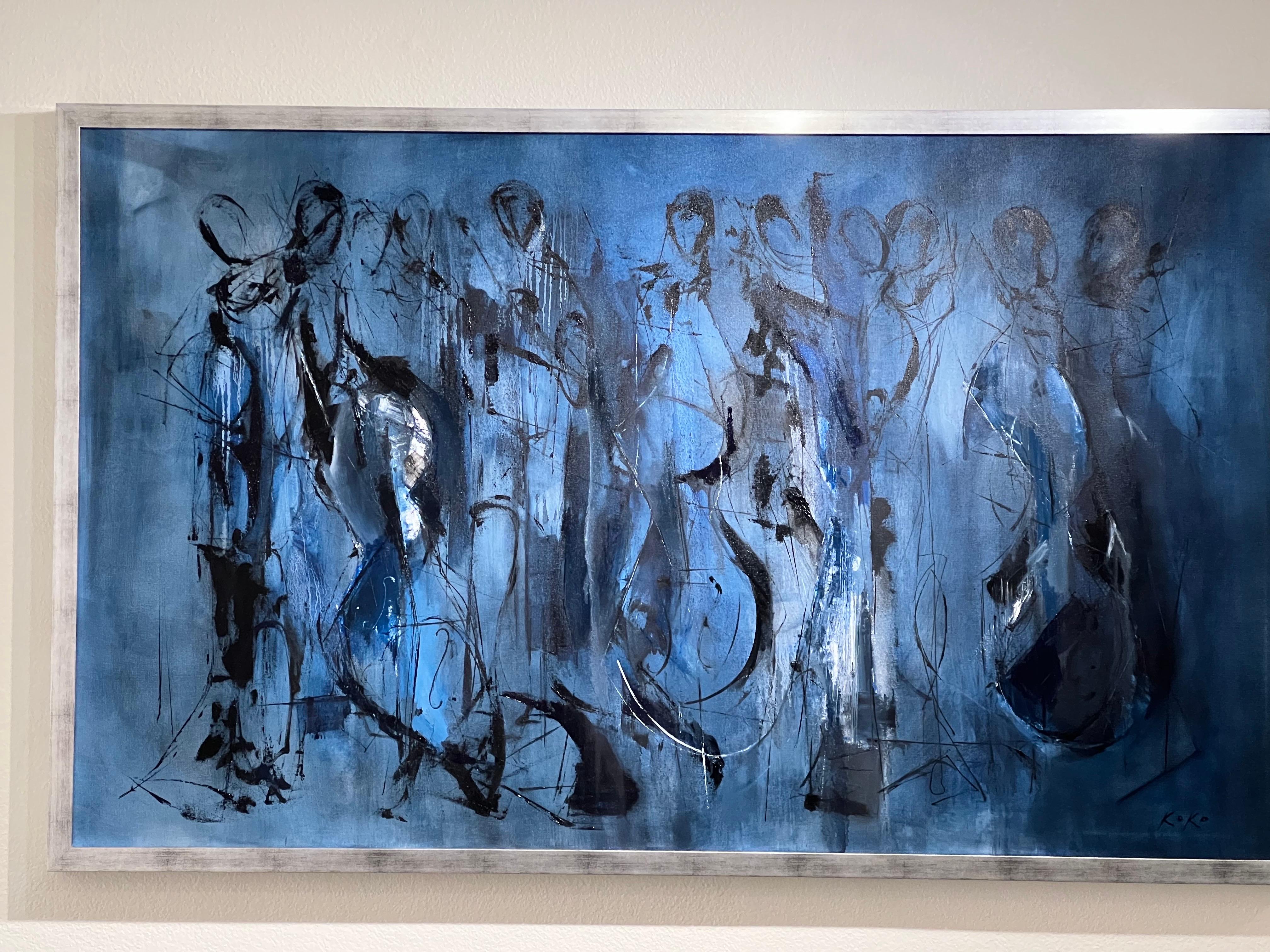 Musicisti astratti dipinti a olio, Musicisti monocromatici, In Deep Blue. in vendita 8