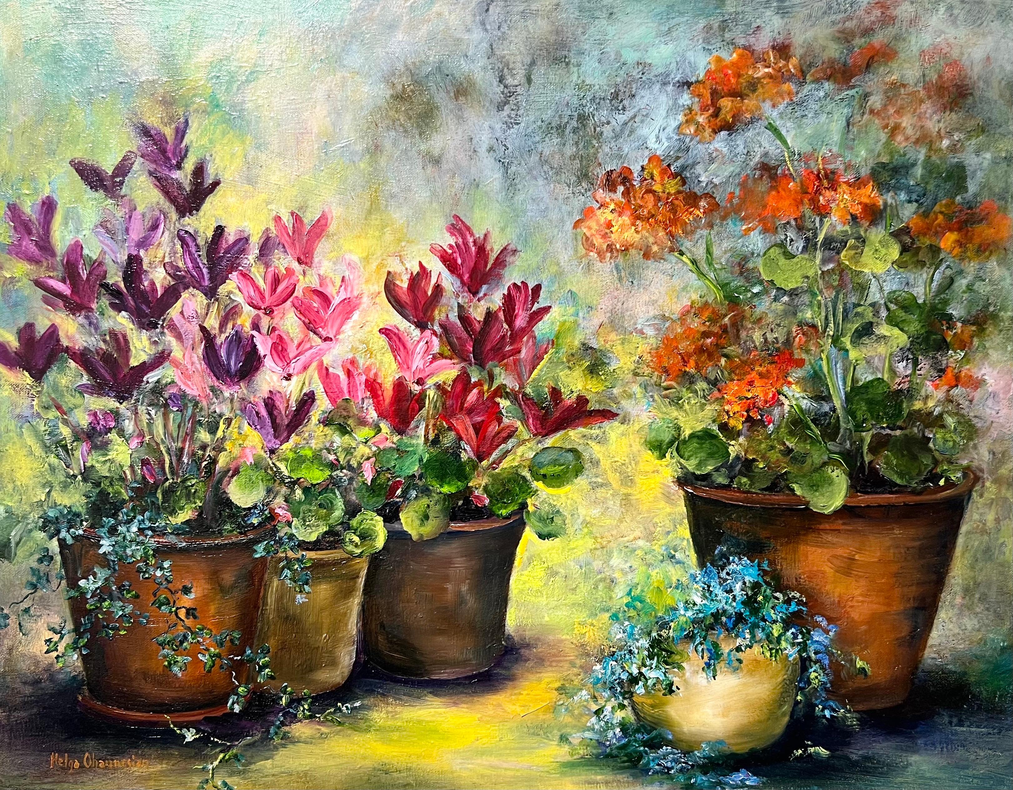 Landscape Painting di Helga Ohannesian - Contempla l'armonia del giardino, i ciclamini e il verde in mostra.