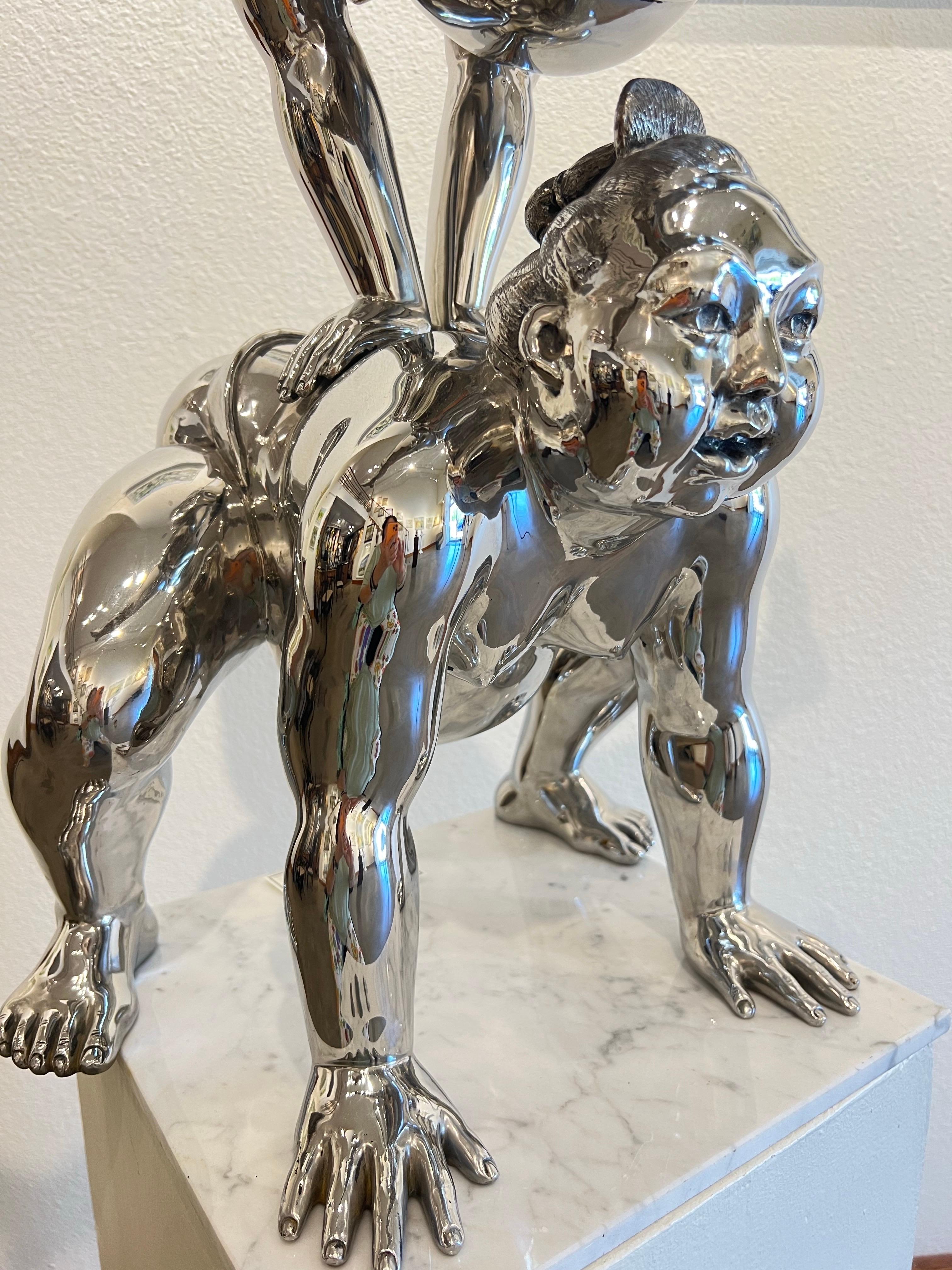 Contemporaneo,  scultura in acciaio inossidabile, Leapfrog, scultura contemporanea. - Figurative Sculpture Blu di IRINA DAYLENE