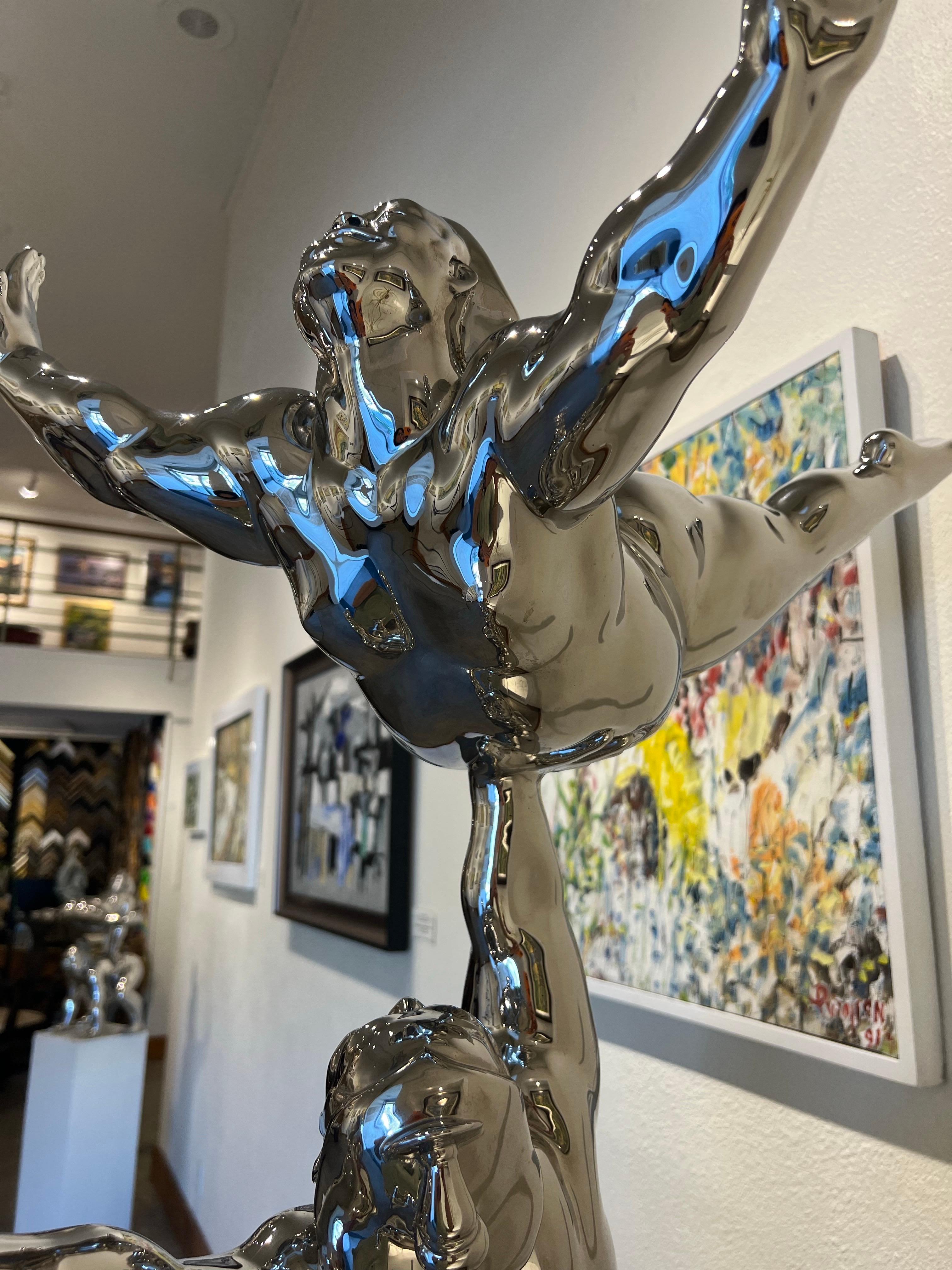 Signed and numbered, Edition only 9, 

Bold, energetic, and playfully powerful, Celebration by Irina Daylene captures a striking moment of dynamic balance and human connection. Sculpted in polished stainless steel.
This limited edition sculpture is
