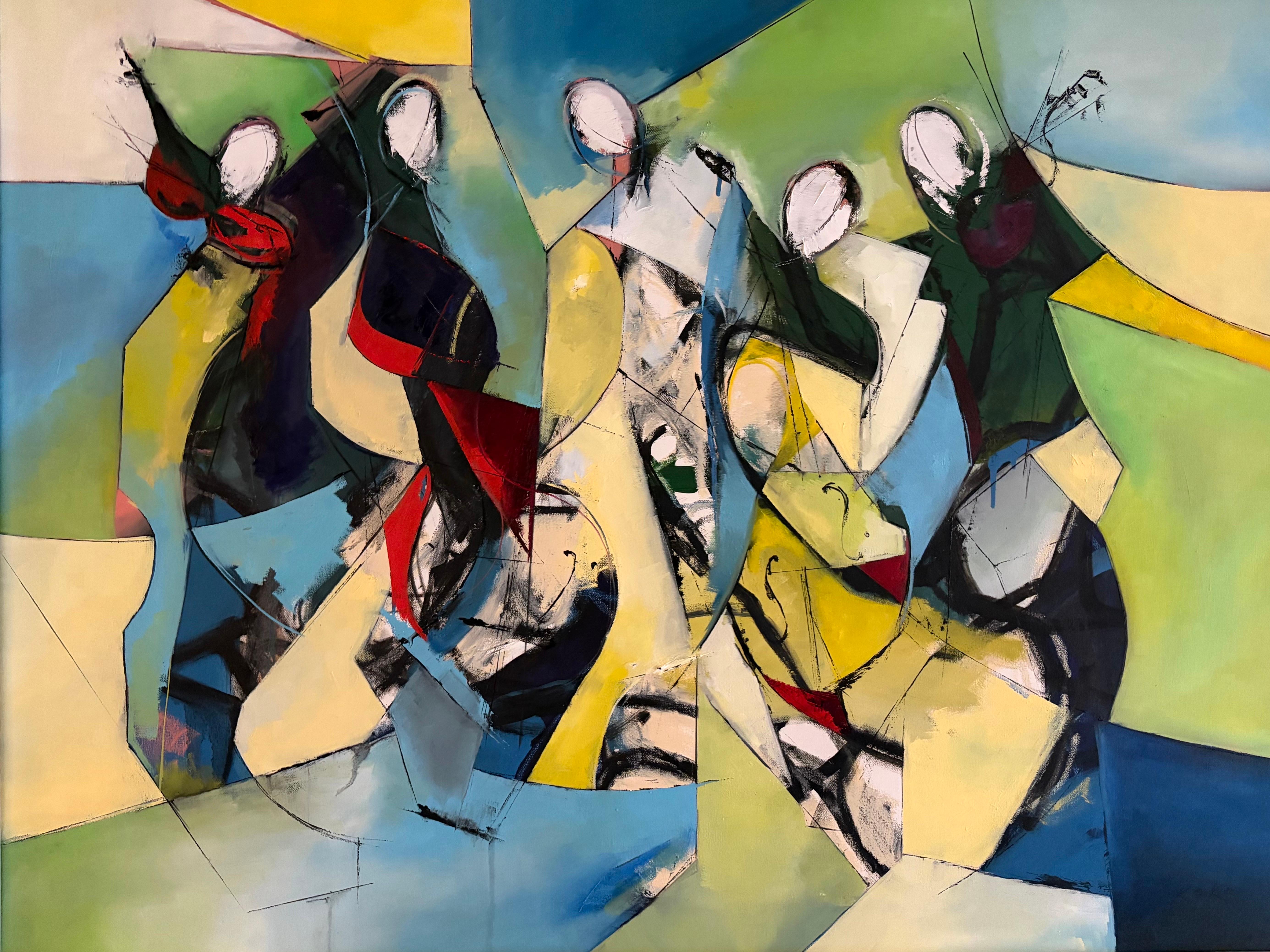 Contemporary oil painting, Musicians, Geometric Musicians No. III on canvas.