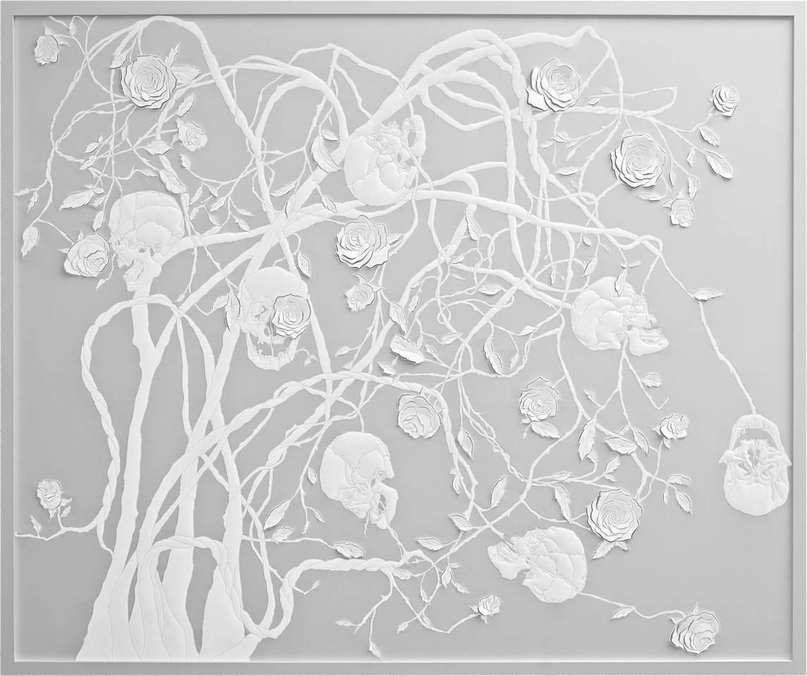 This artwork consists of a hide of white leather with white reflective fabric appliqué and white wadding. The piece has been photographed with and without flash photography to convey the reflective quality of the work. 

Please note the images show