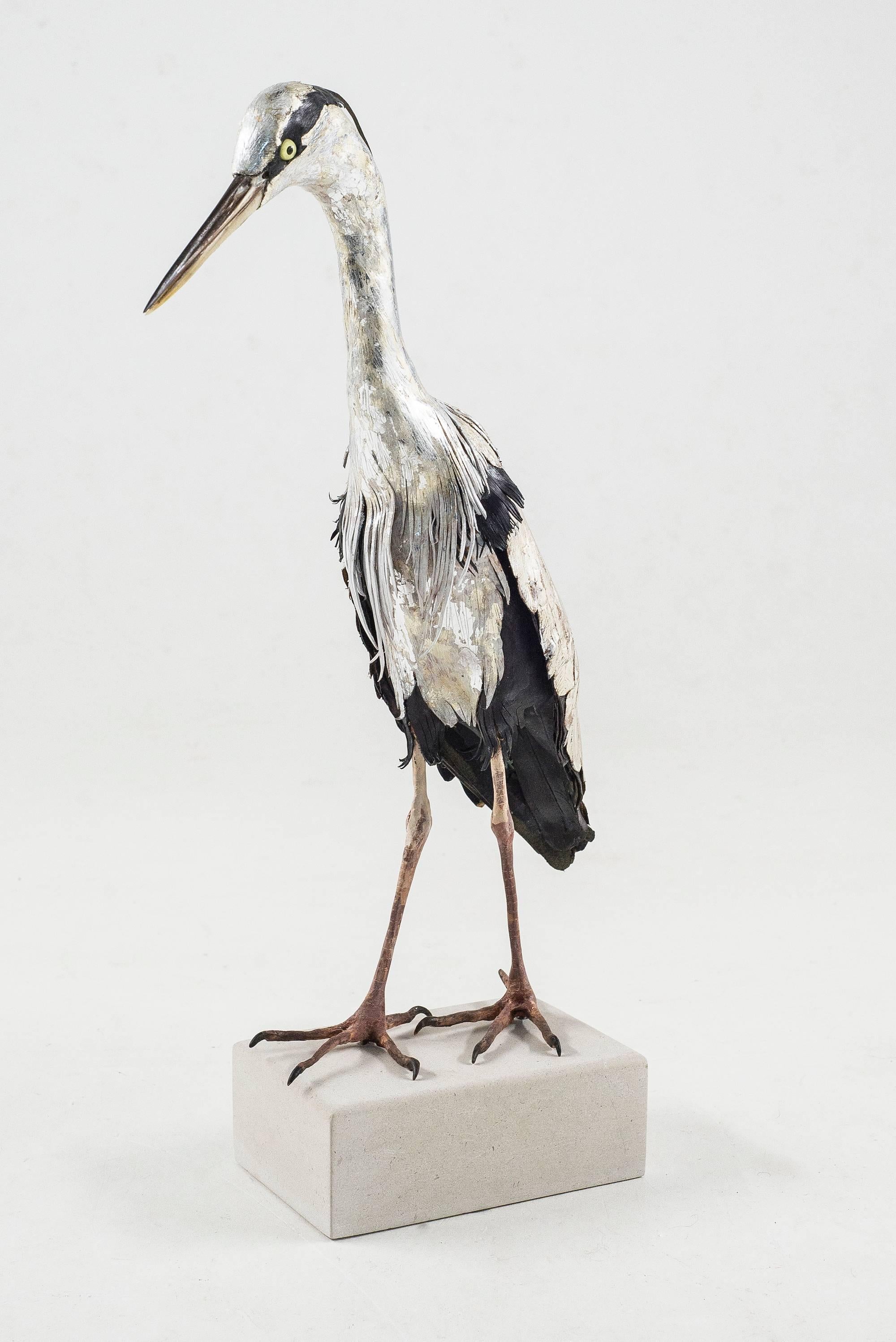 Georgina Brett-Chinnery Still-Life Sculpture - Self-Reliance 2 - LIFE SIZE heron sculpture made of leather and clay