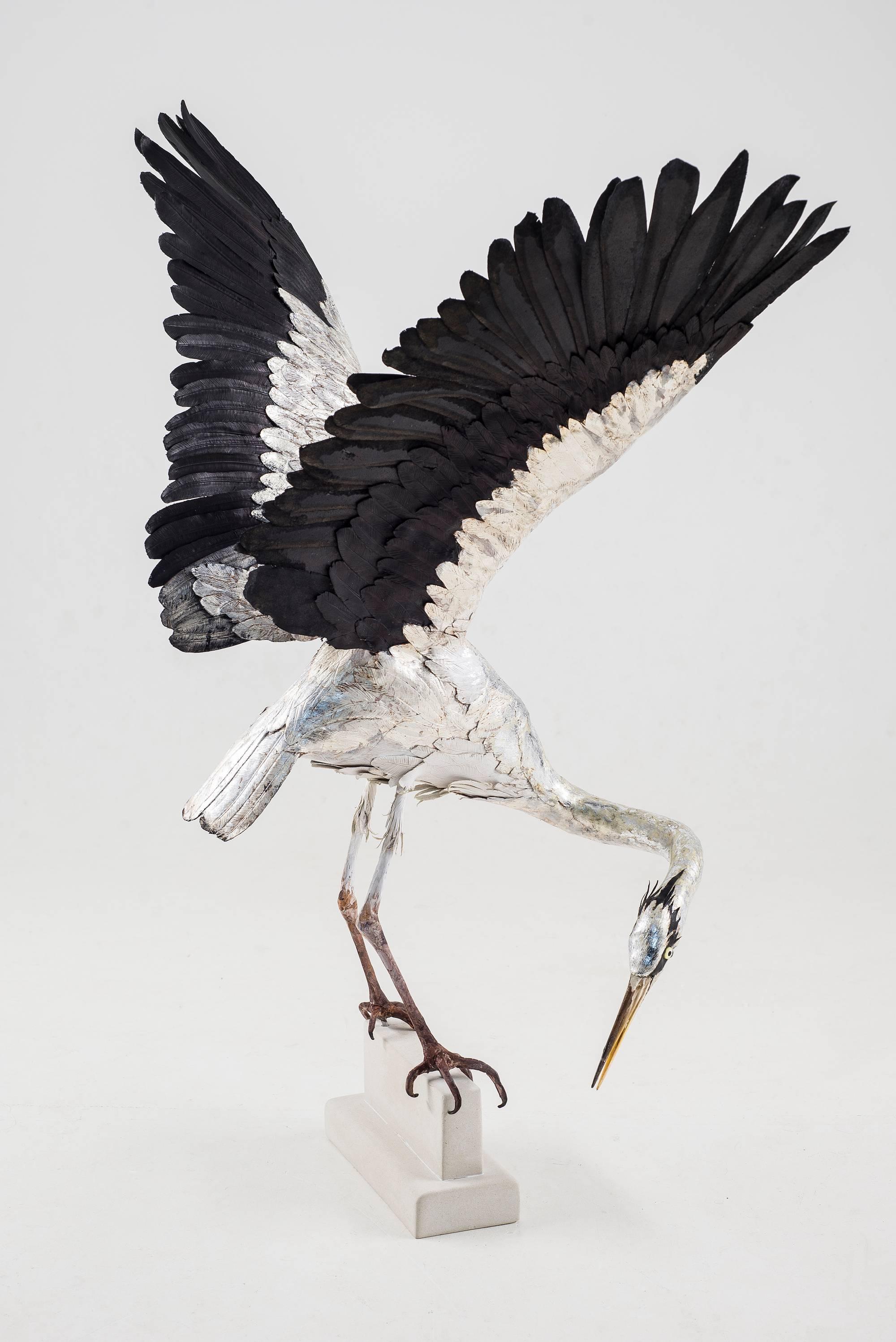 Georgina Brett-Chinnery Abstract Sculpture - Self Reliance 1 - a LIFE SIZE heron sculpture made of hand-tooled leather