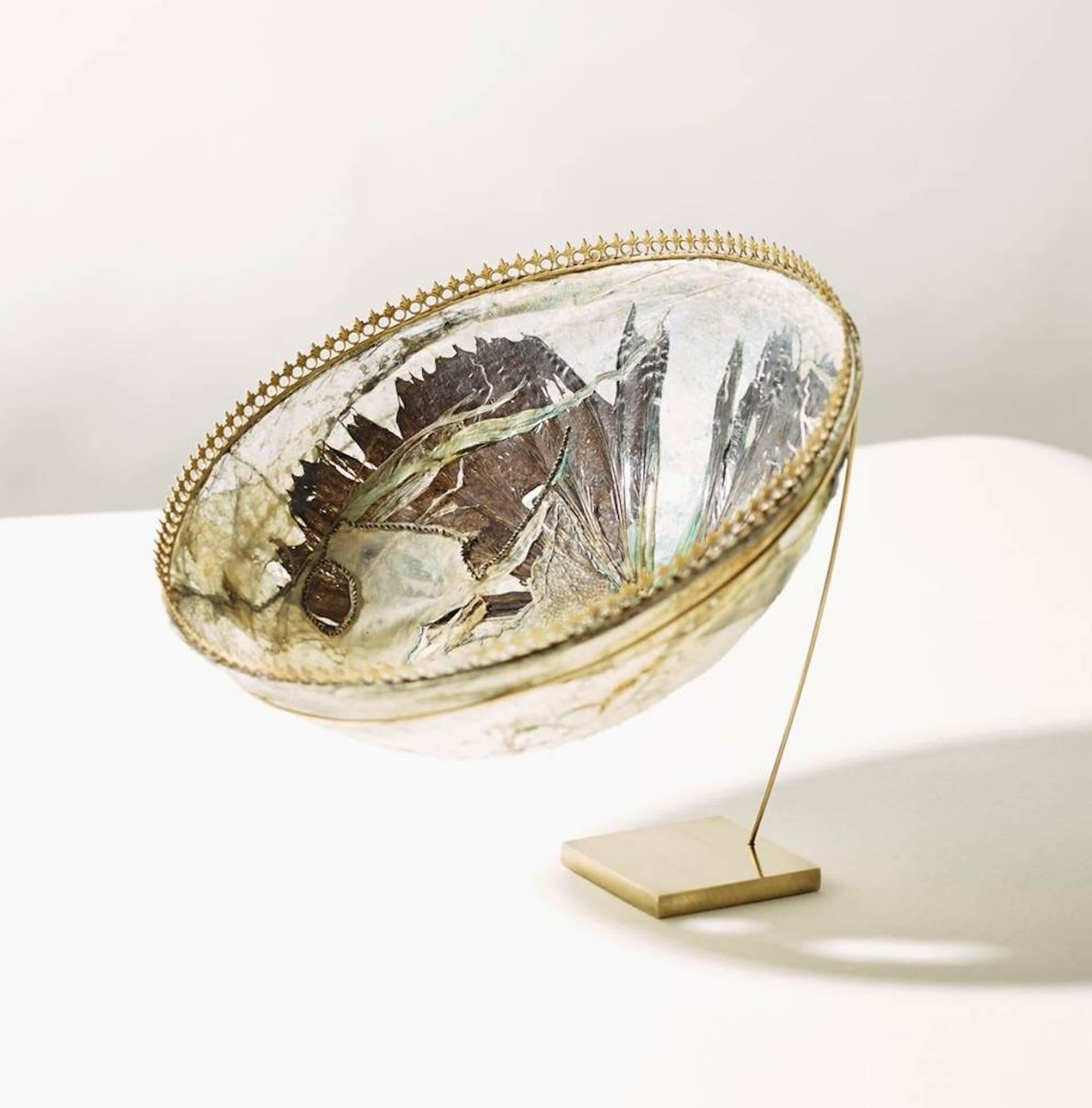 Transfiguration - exquisite fish leather bowl with brass filigree mount and rim - Mixed Media Art by Kari Furre