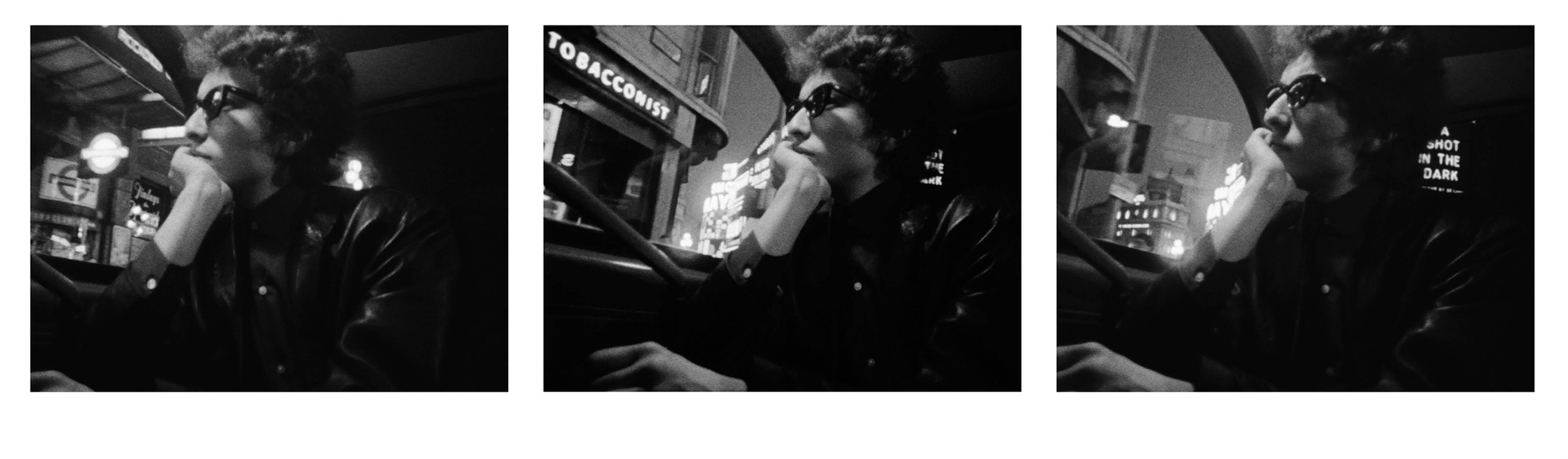 D.A. Pennebaker Black and White Photograph - Bob Dylan en route after 1st show at Royal Albert Hall (tryptych) 