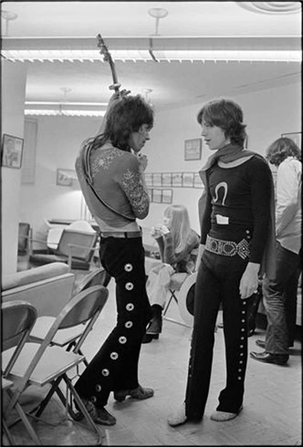 Ethan Russell Black and White Photograph - Mick Jagger and Keith Richards Backstage, 1969