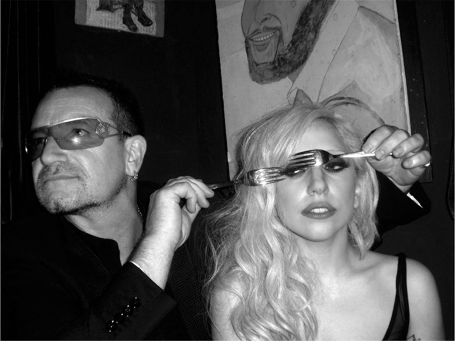 Mick Rock Black and White Photograph - Bono and Lady Gaga, 2009