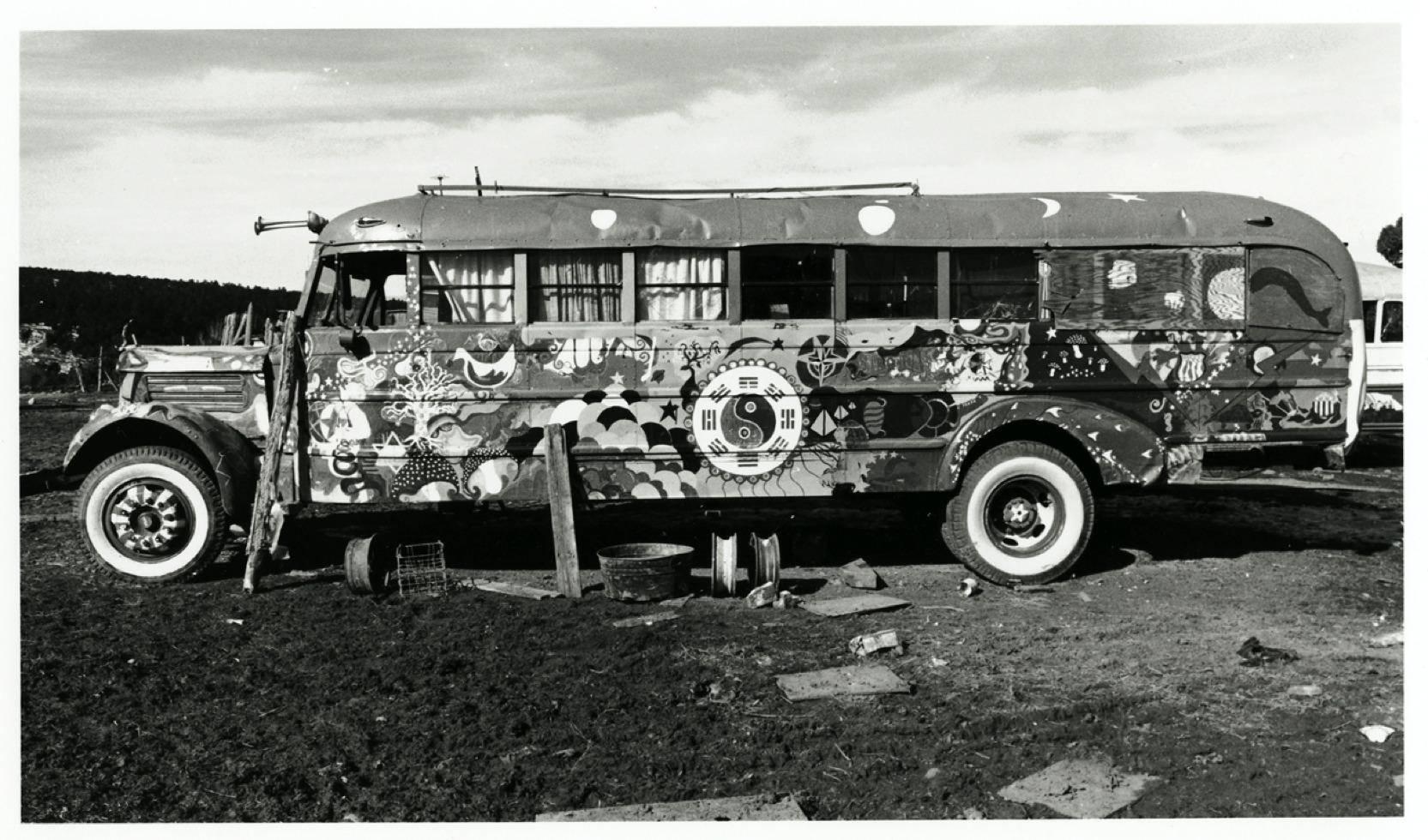 Jerry de Wilde Black and White Photograph - Hog Farm Bus, Llano, NM 1972