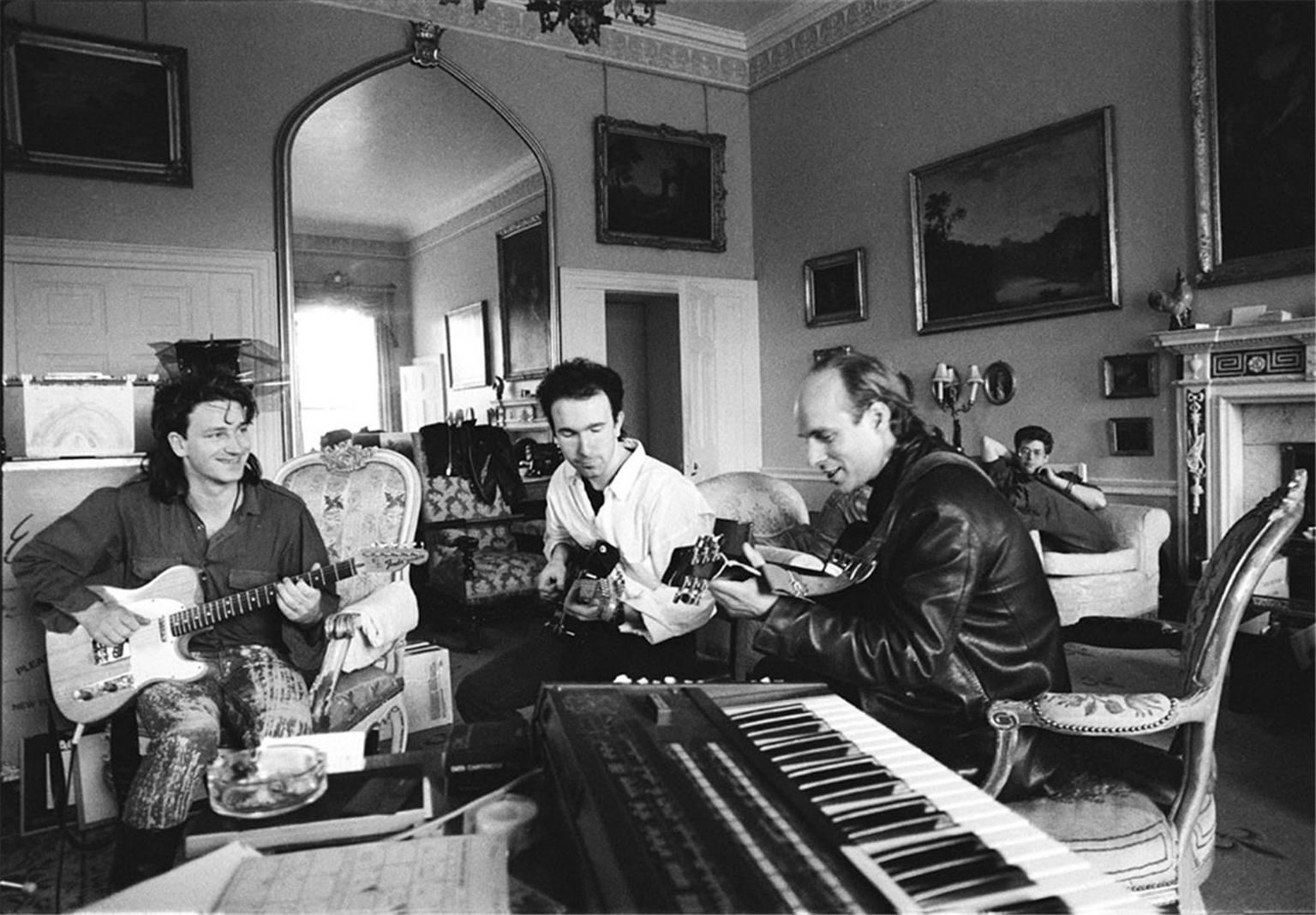 Colm Henry Black and White Photograph - U2 recording with Brian Eno
