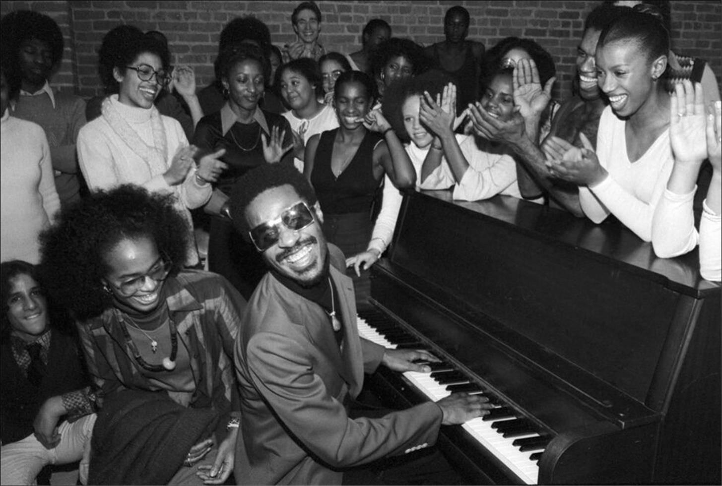 Allan Tannenbaum Black and White Photograph - Stevie Wonder at the Dance Theater of Harlem, Manhattan, December, 1976